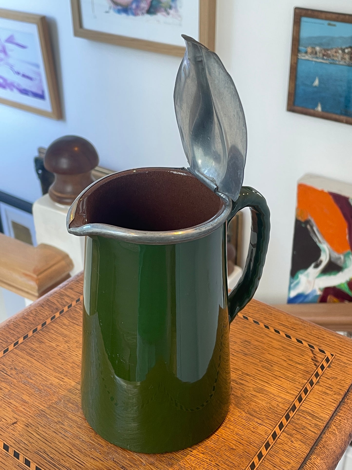 Vintage Green Glazed Ceramic Tankard with Pewter Lid – Made in England Beer Jug Pitcher – Mid 20th Century Barware Collectible