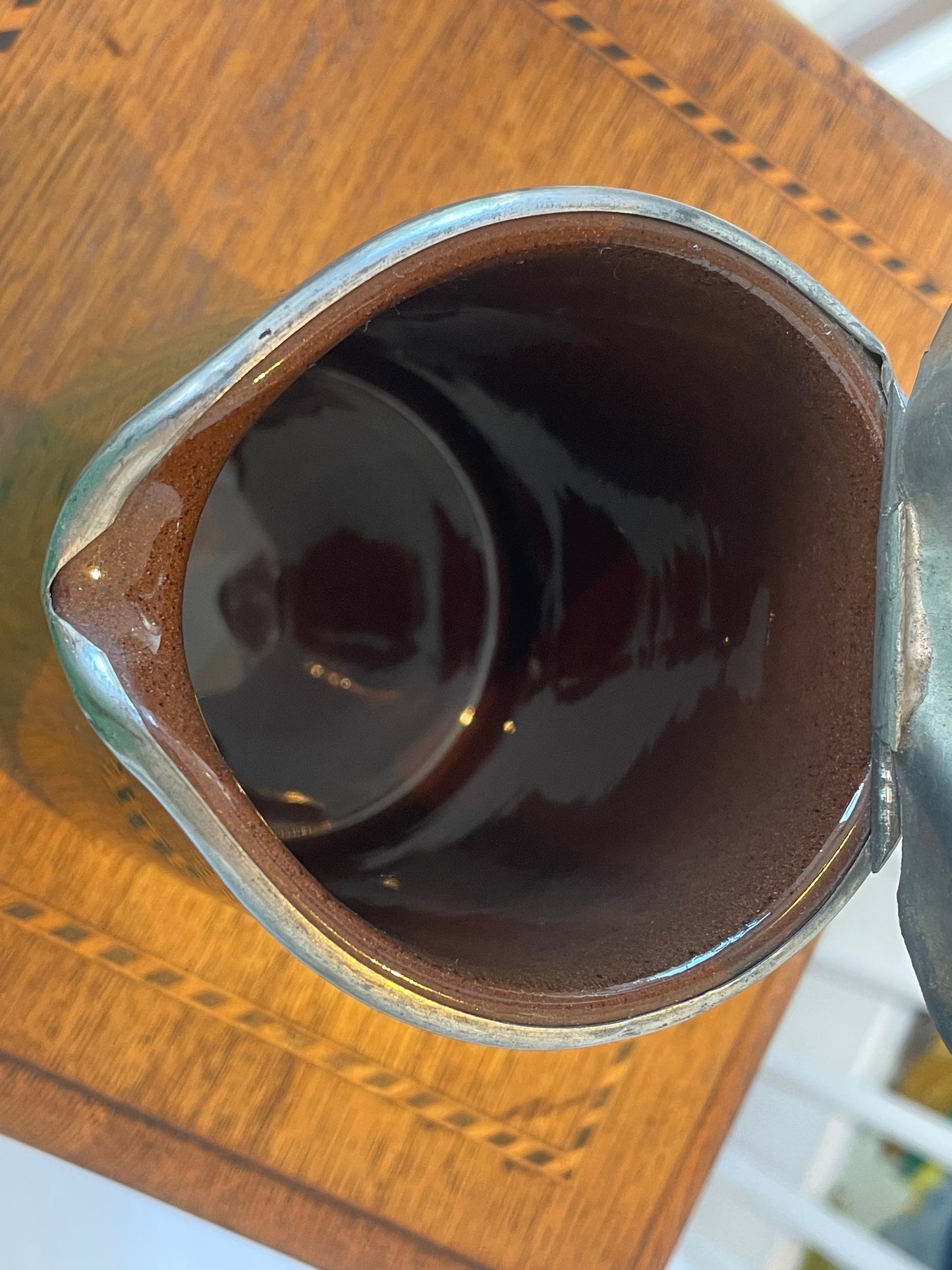 Vintage Green Glazed Ceramic Tankard with Pewter Lid – Made in England Beer Jug Pitcher – Mid 20th Century Barware Collectible