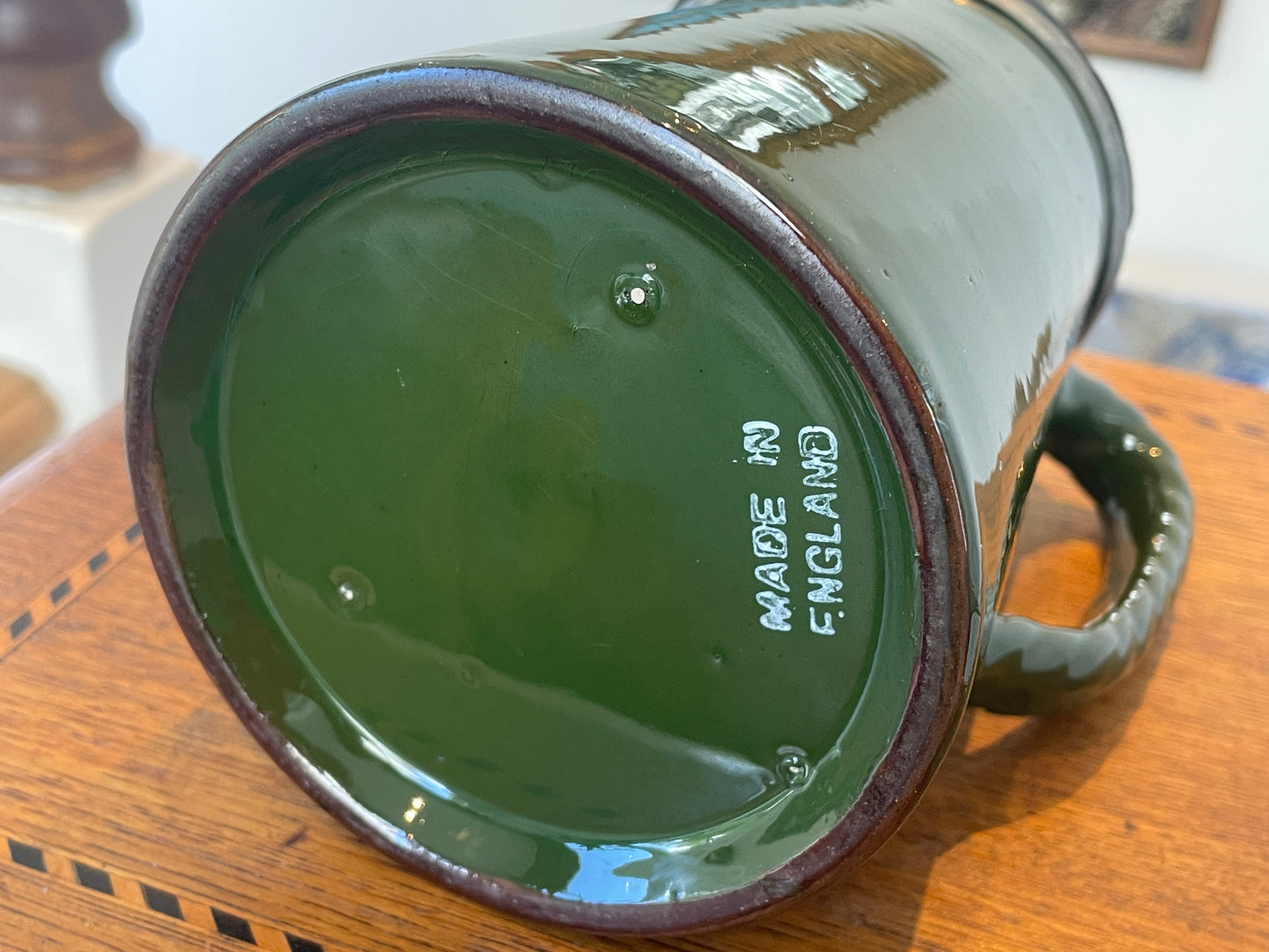 Vintage Green Glazed Ceramic Tankard with Pewter Lid – Made in England Beer Jug Pitcher – Mid 20th Century Barware Collectible