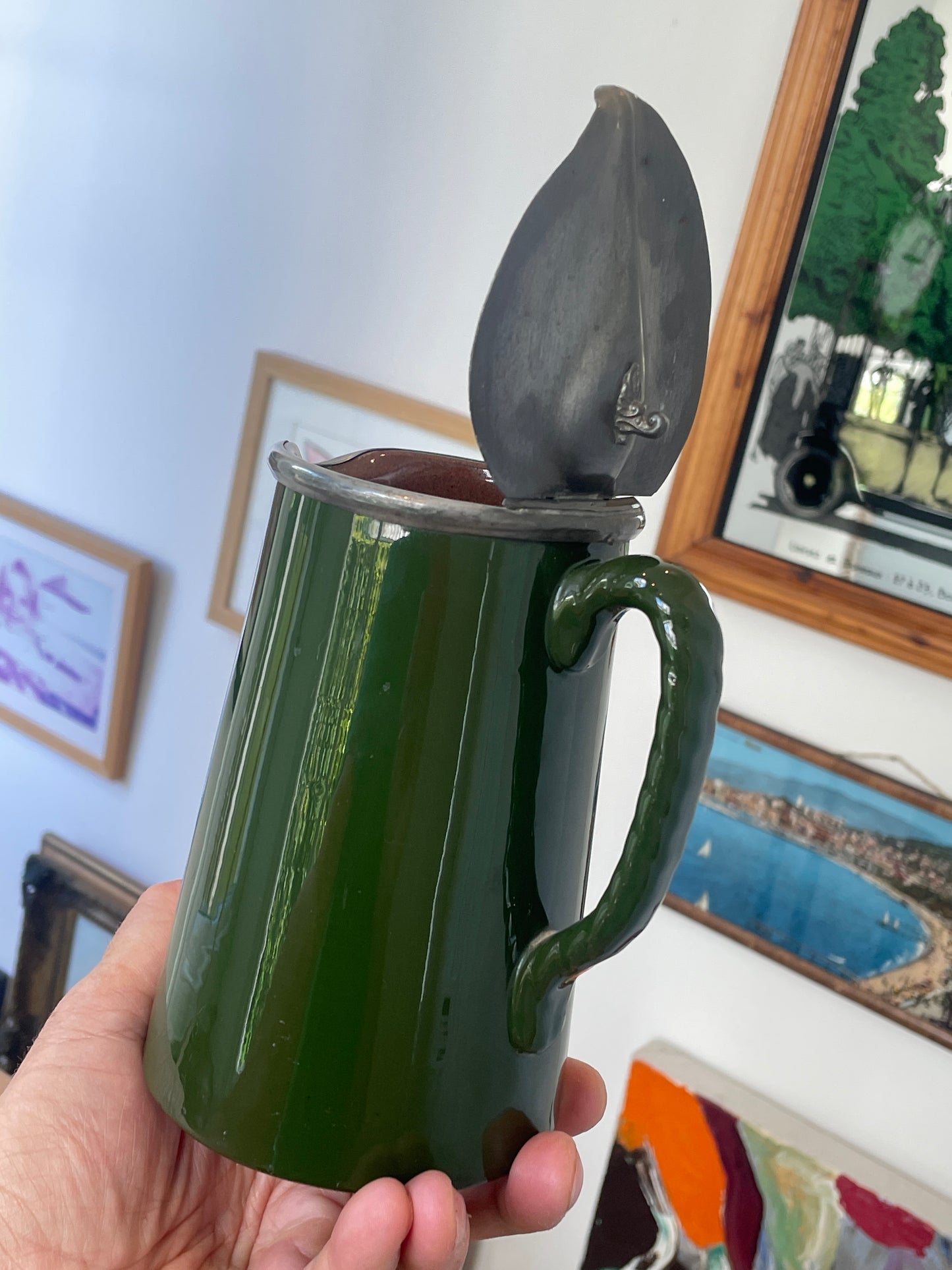 Vintage Green Glazed Ceramic Tankard with Pewter Lid – Made in England Beer Jug Pitcher – Mid 20th Century Barware Collectible