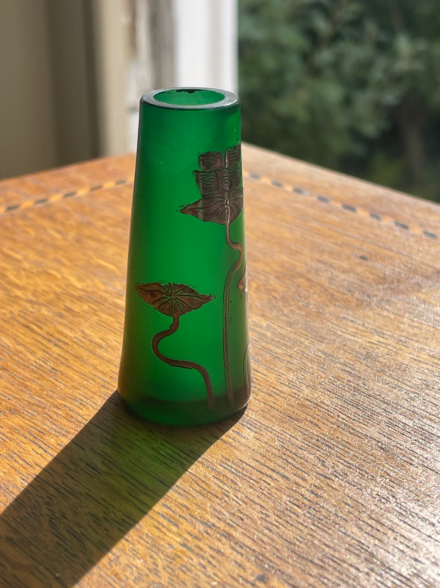 Art Deco Green Glass Bud Vase with Silver Overlay Floral Design – 1930s Vintage Collectible Small Flower Vase