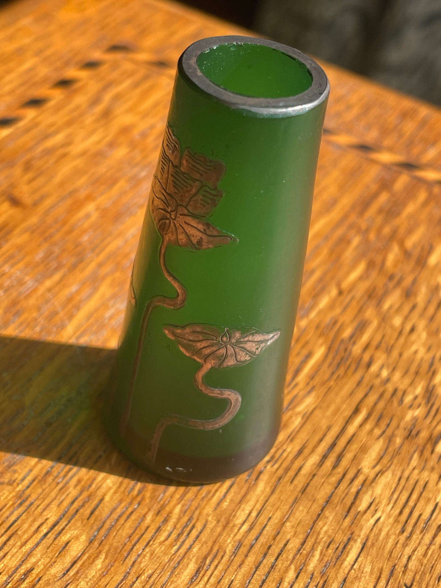 Art Deco Green Glass Bud Vase with Silver Overlay Floral Design – 1930s Vintage Collectible Small Flower Vase