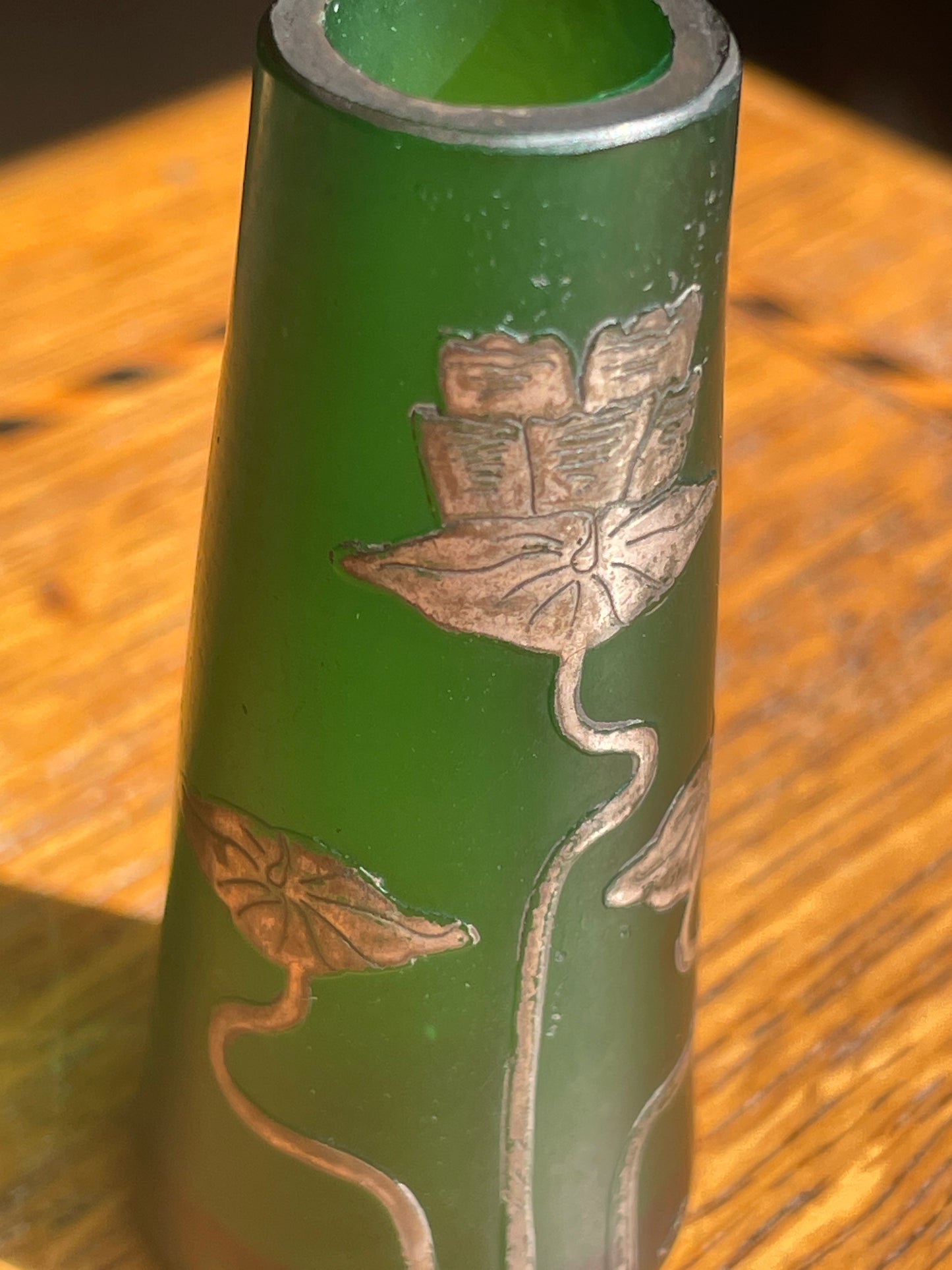 Art Deco Green Glass Bud Vase with Silver Overlay Floral Design – 1930s Vintage Collectible Small Flower Vase