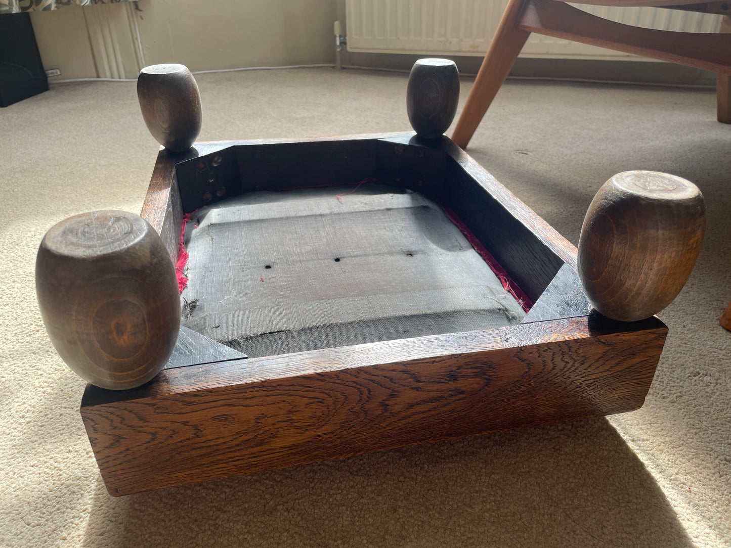 Rustic Oak Footstool with Red Velvet Seat – Vintage 46×35cm Farmhouse Foot Rest with Turned Bun Feet