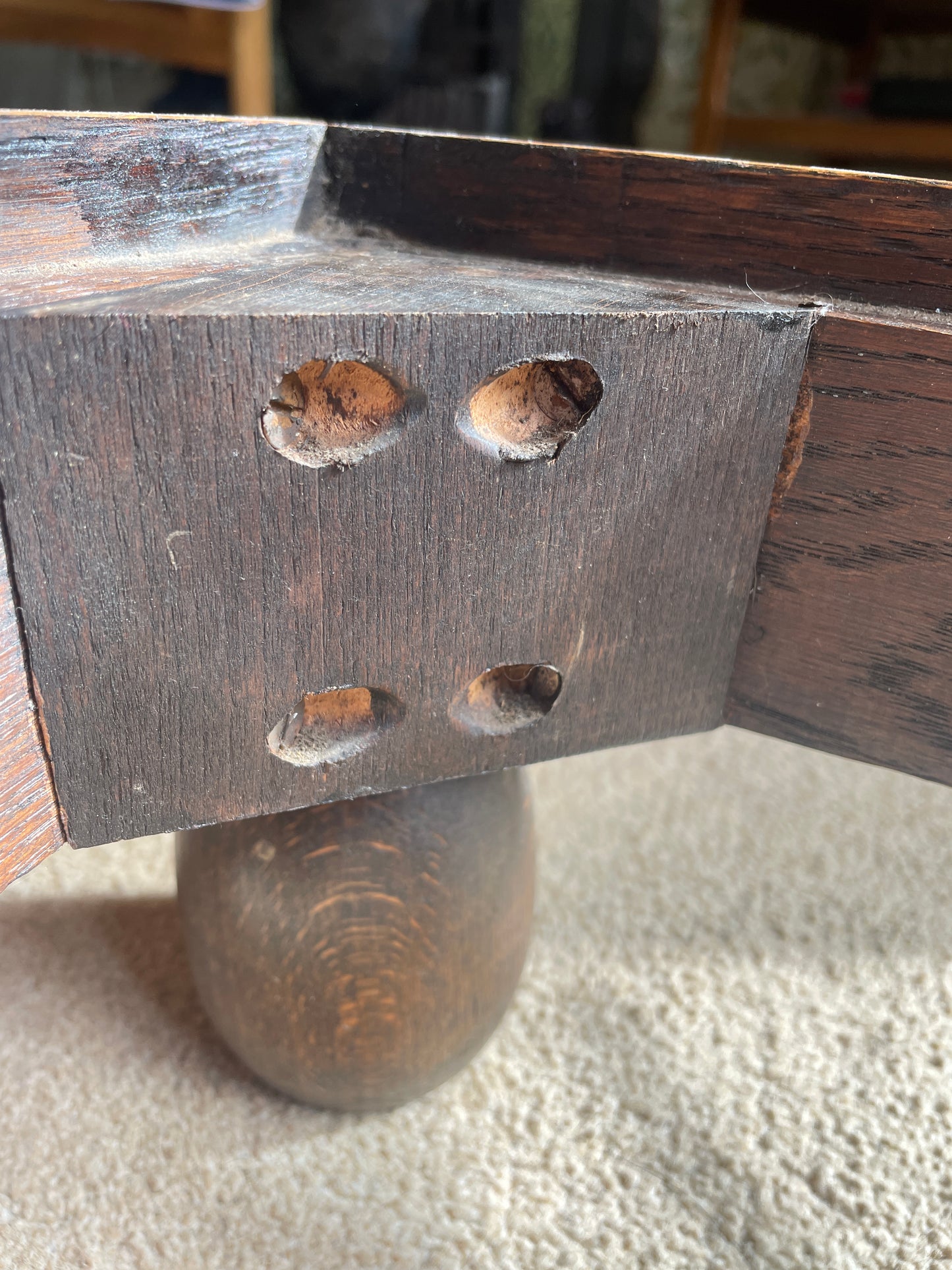 Rustic Oak Footstool with Red Velvet Seat – Vintage 46×35cm Farmhouse Foot Rest with Turned Bun Feet