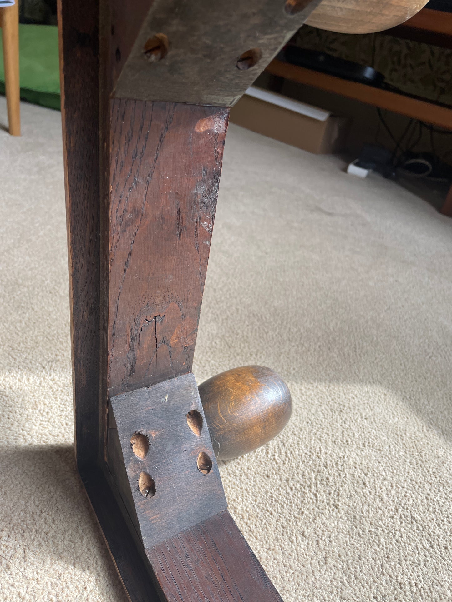 Rustic Oak Footstool with Red Velvet Seat – Vintage 46×35cm Farmhouse Foot Rest with Turned Bun Feet