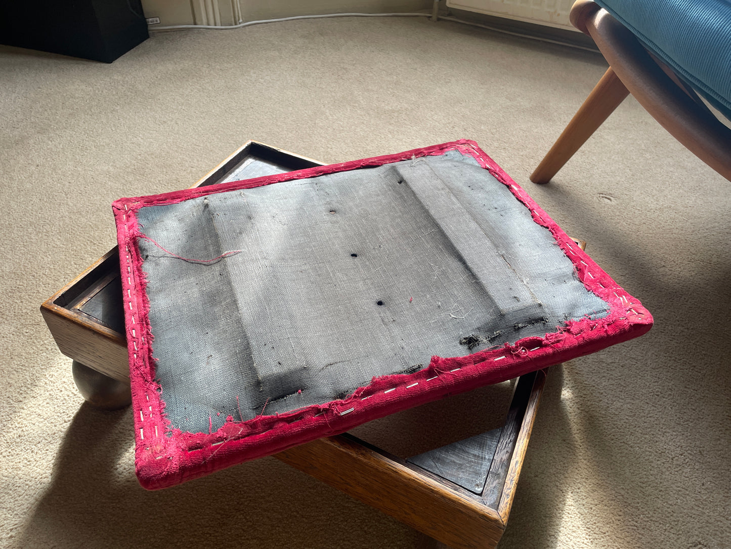 Rustic Oak Footstool with Red Velvet Seat – Vintage 46×35cm Farmhouse Foot Rest with Turned Bun Feet