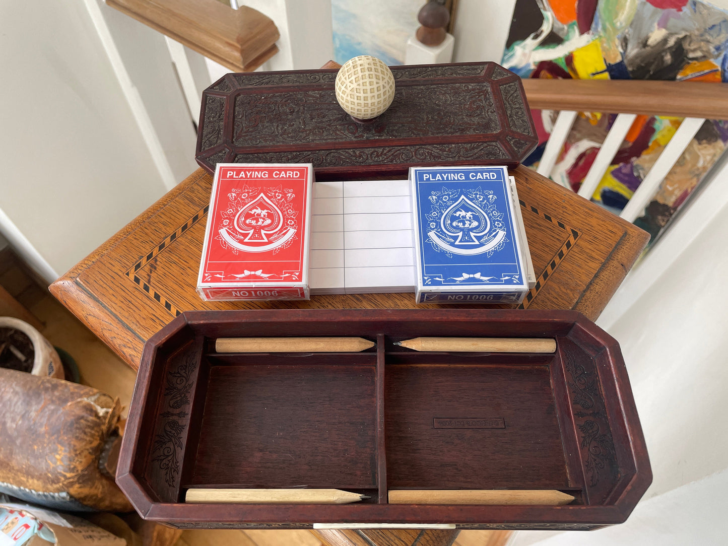 Carved Wooden Bridge Set Box with Cards & Score Pad – Genesco 2004 Games Night Gift