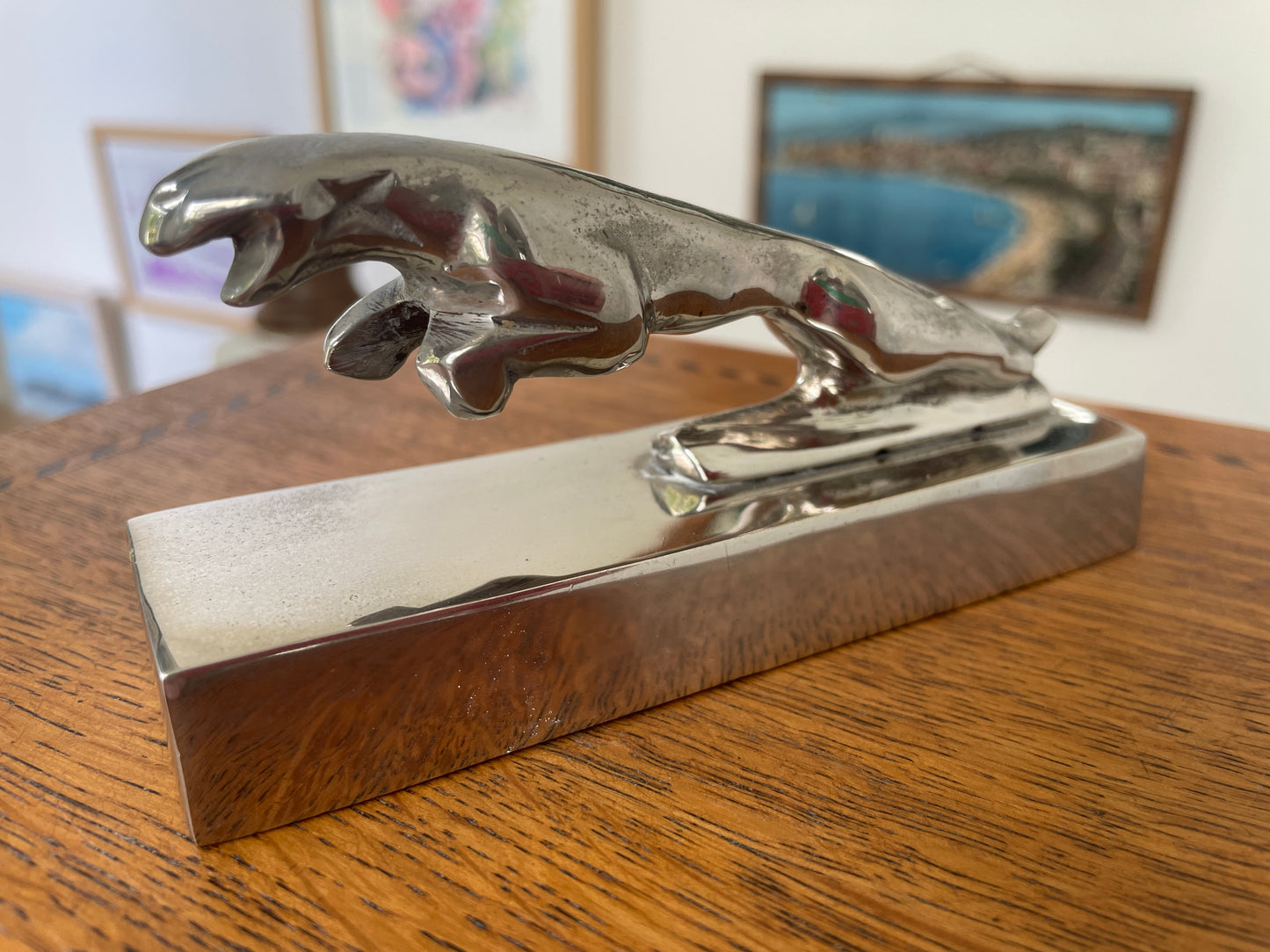 Vintage Chrome Jaguar Car Mascot Desk Ornament – Leaping Cat Paperweight 13cm Long