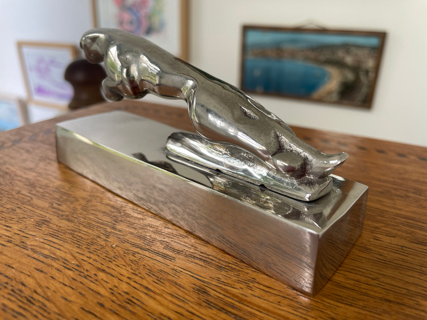 Vintage Chrome Jaguar Car Mascot Desk Ornament – Leaping Cat Paperweight 13cm Long