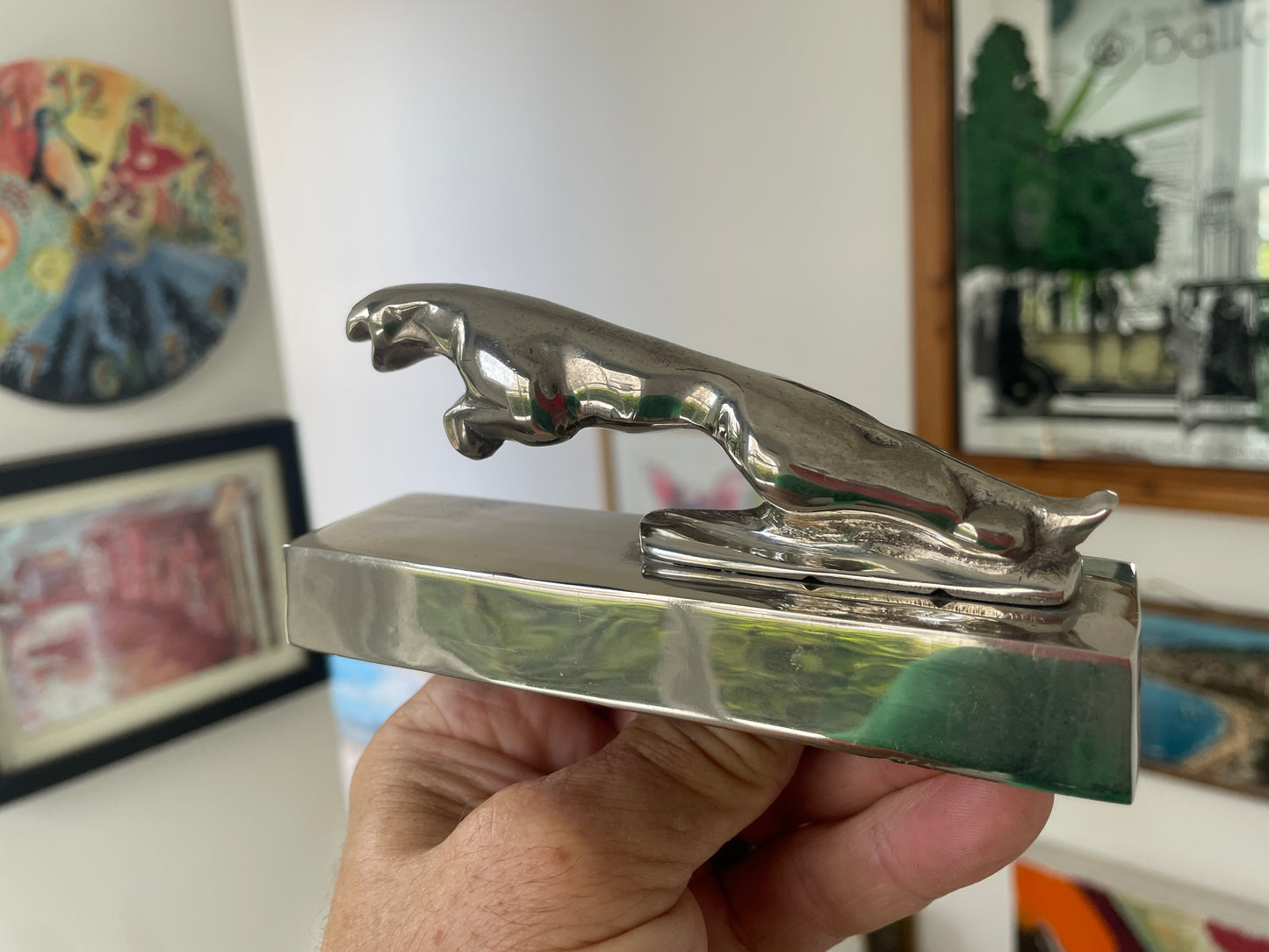 Vintage Chrome Jaguar Car Mascot Desk Ornament – Leaping Cat Paperweight 13cm Long