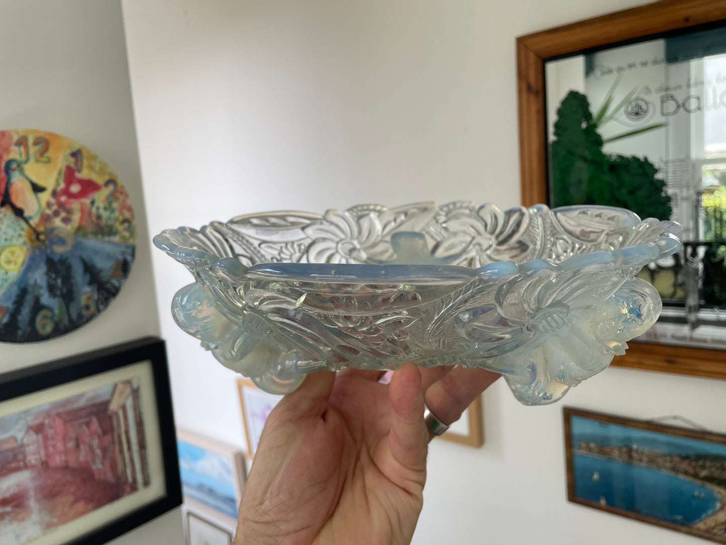 Art Deco Opalescent Glass Bowl by Samuel Reich, Czech 1930s, Three Elf Supports, Collectible Centrepiece