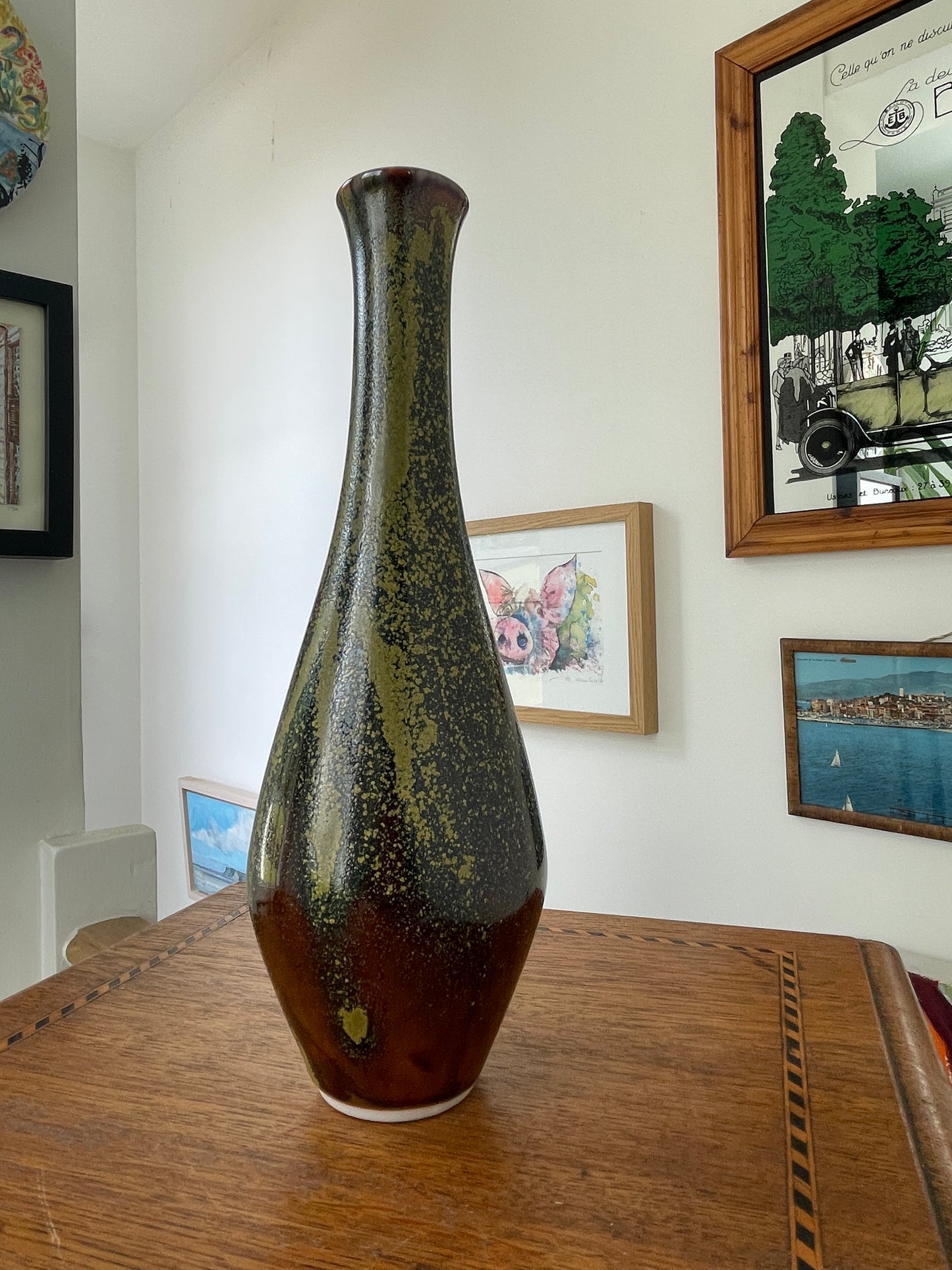 Vintage Japanese Studio Pottery Vase with Signed Wooden Box, 22cm Tall Glazed Art Pottery, Mid-Century Mingei Style