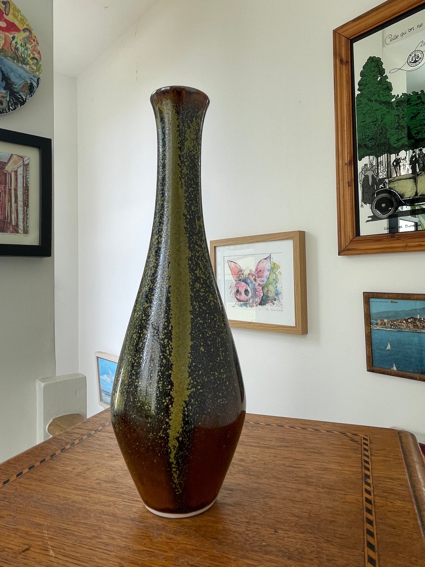 Vintage Japanese Studio Pottery Vase with Signed Wooden Box, 22cm Tall Glazed Art Pottery, Mid-Century Mingei Style