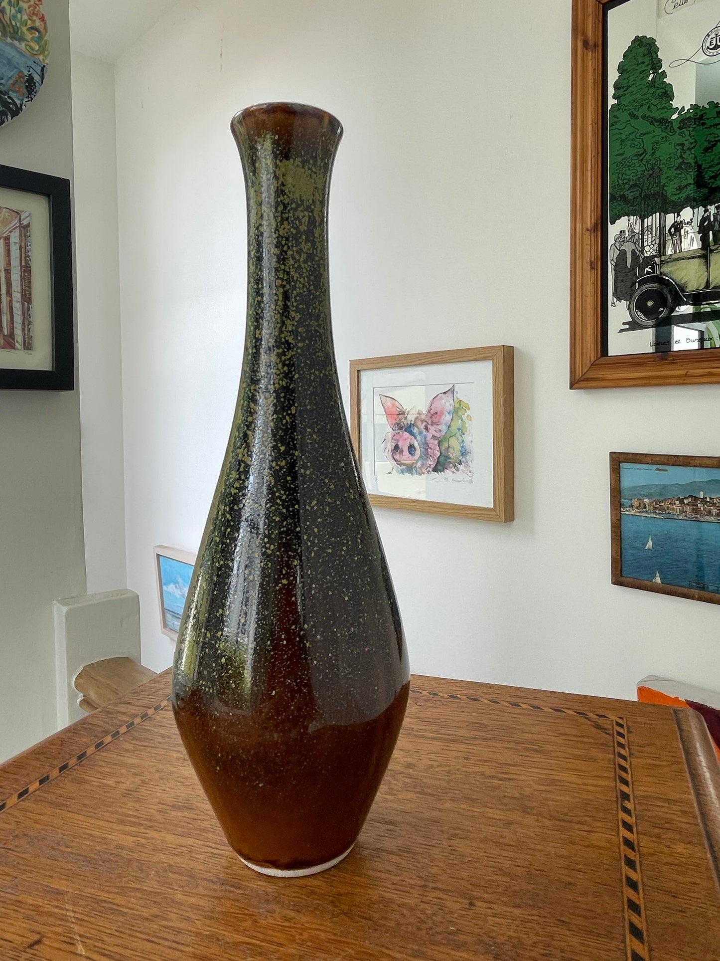 Vintage Japanese Studio Pottery Vase with Signed Wooden Box, 22cm Tall Glazed Art Pottery, Mid-Century Mingei Style