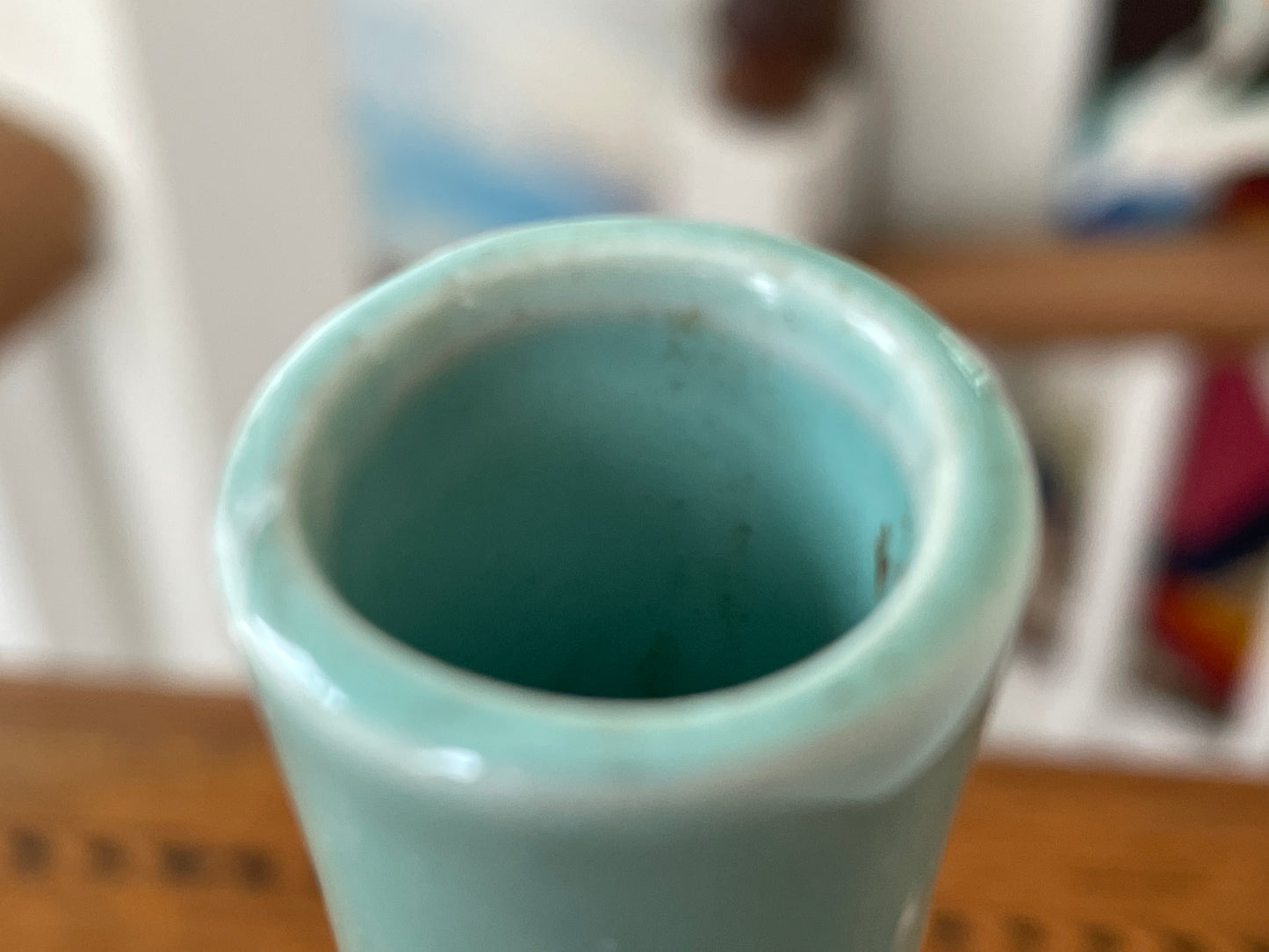 Vintage Japanese Celadon Bubble Glaze Vase with Signed Kiri Wood Box, 19.5cm Studio Pottery Bottle Form