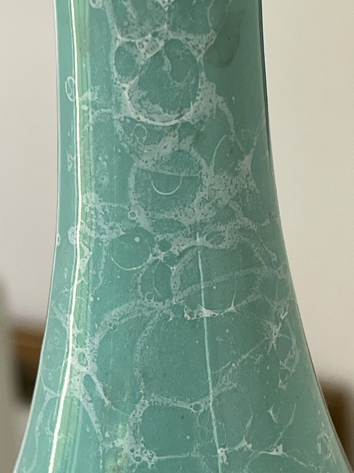 Vintage Japanese Celadon Bubble Glaze Vase with Signed Kiri Wood Box, 19.5cm Studio Pottery Bottle Form