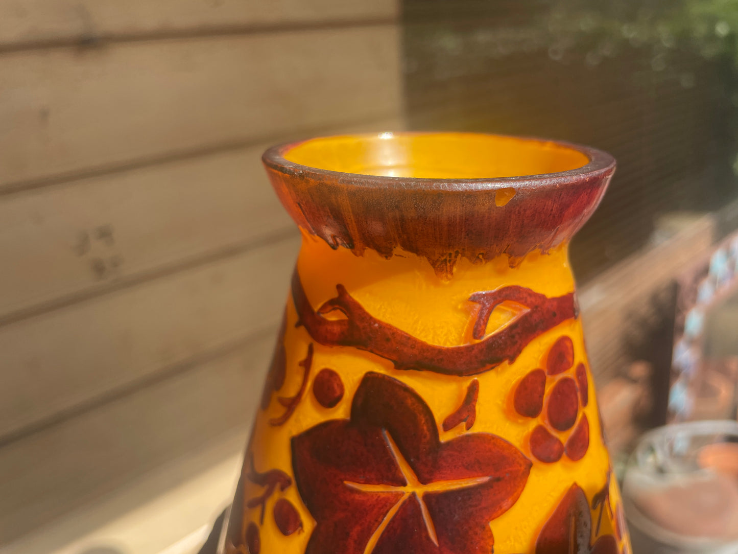 Verreries d’Art Lorrain VAL Orange Cameo Glass Vase – Vintage French Acid Etched Art Nouveau Revival Grapevine Design c.1950s 27cm tall