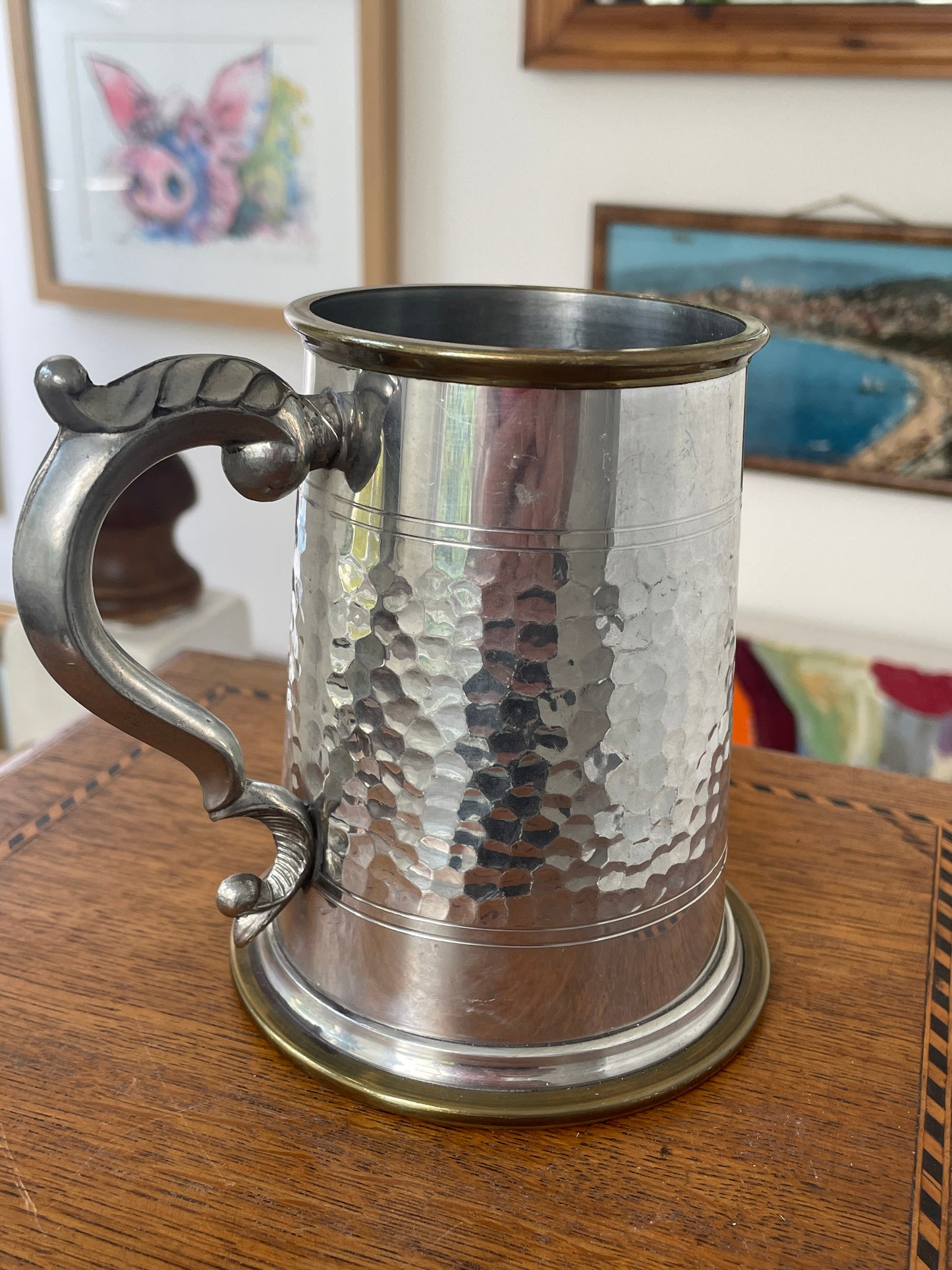 Vintage Sheffield Modern Pewter Tankard with Glass Bottom & Brass Rim, Hammered Finish, Mid Century English Beer Mug
