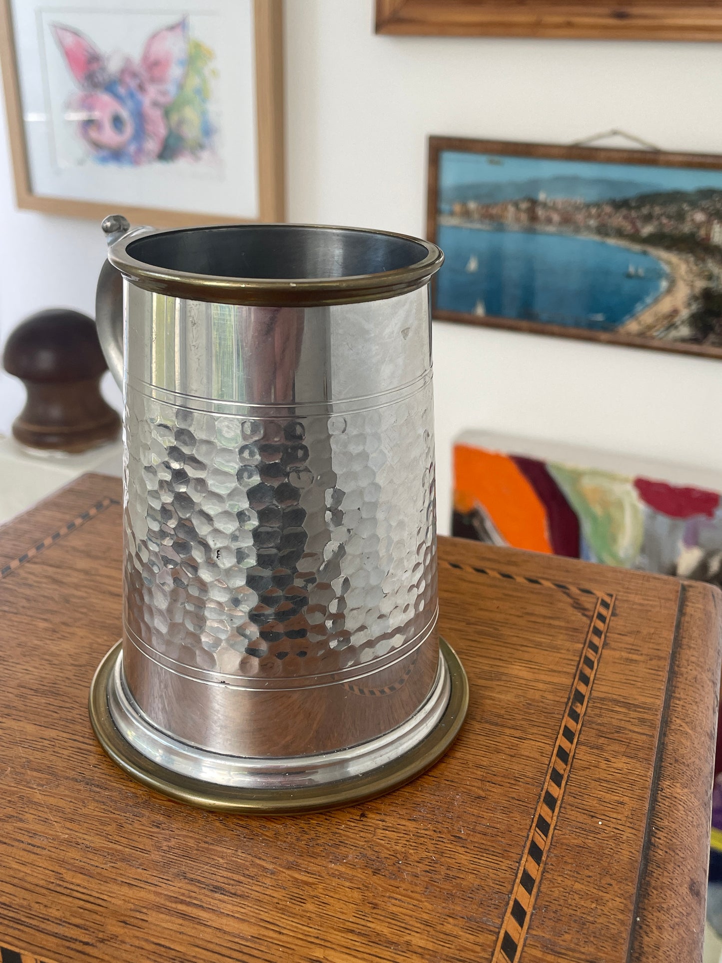 Vintage Sheffield Modern Pewter Tankard with Glass Bottom & Brass Rim, Hammered Finish, Mid Century English Beer Mug