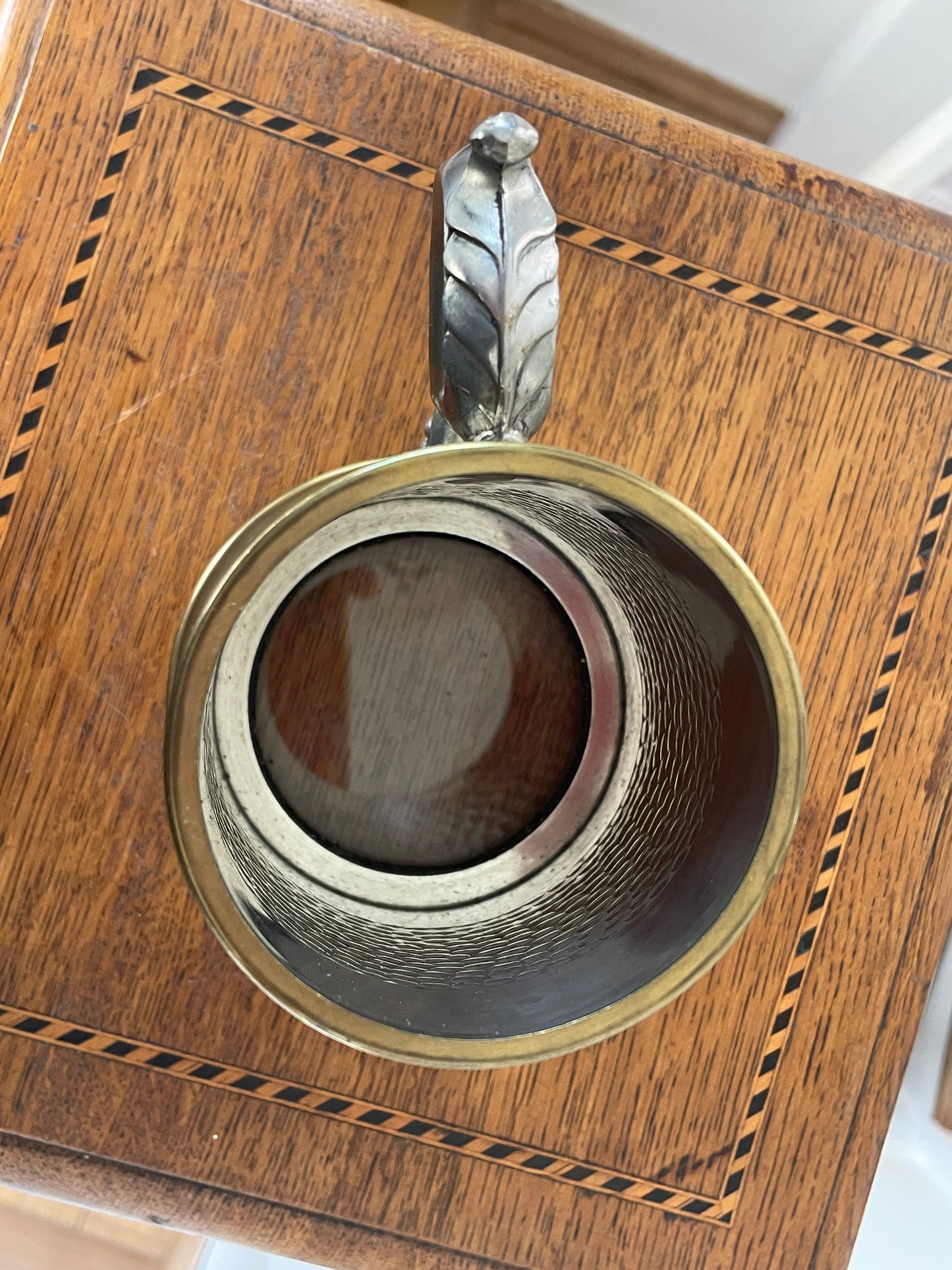 Vintage Sheffield Modern Pewter Tankard with Glass Bottom & Brass Rim, Hammered Finish, Mid Century English Beer Mug