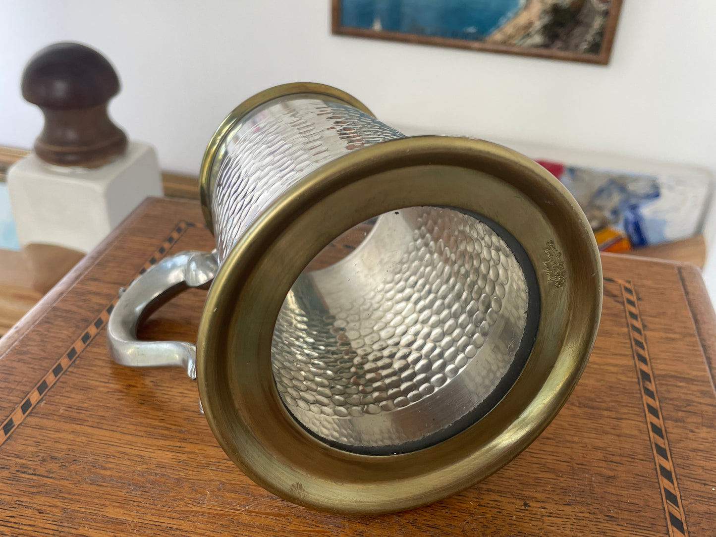 Vintage Sheffield Modern Pewter Tankard with Glass Bottom & Brass Rim, Hammered Finish, Mid Century English Beer Mug