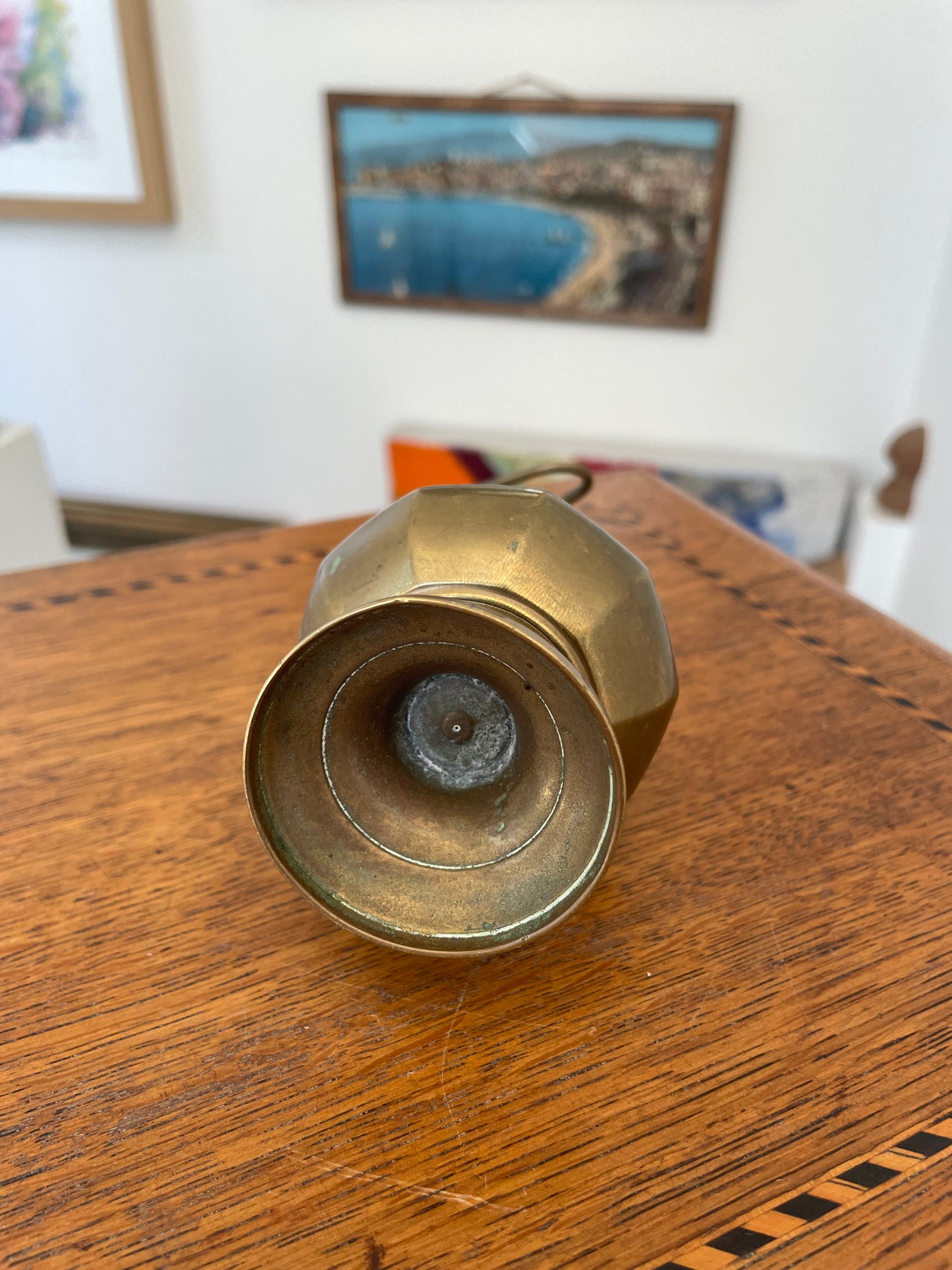 Antique Brass Vessel with Hinged Lid, 19th Century Indo Persian Islamic Style Decorative Bottle Flagon 14cm