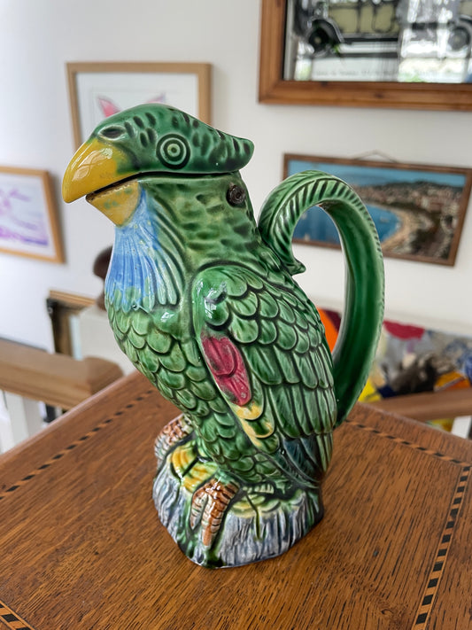 Vintage Majolica Parrot Jug with Hinged Beak Lid, Marked Foreign, Colourful 1930s Ceramic Pitcher, Exotic Bird Tableware or Display