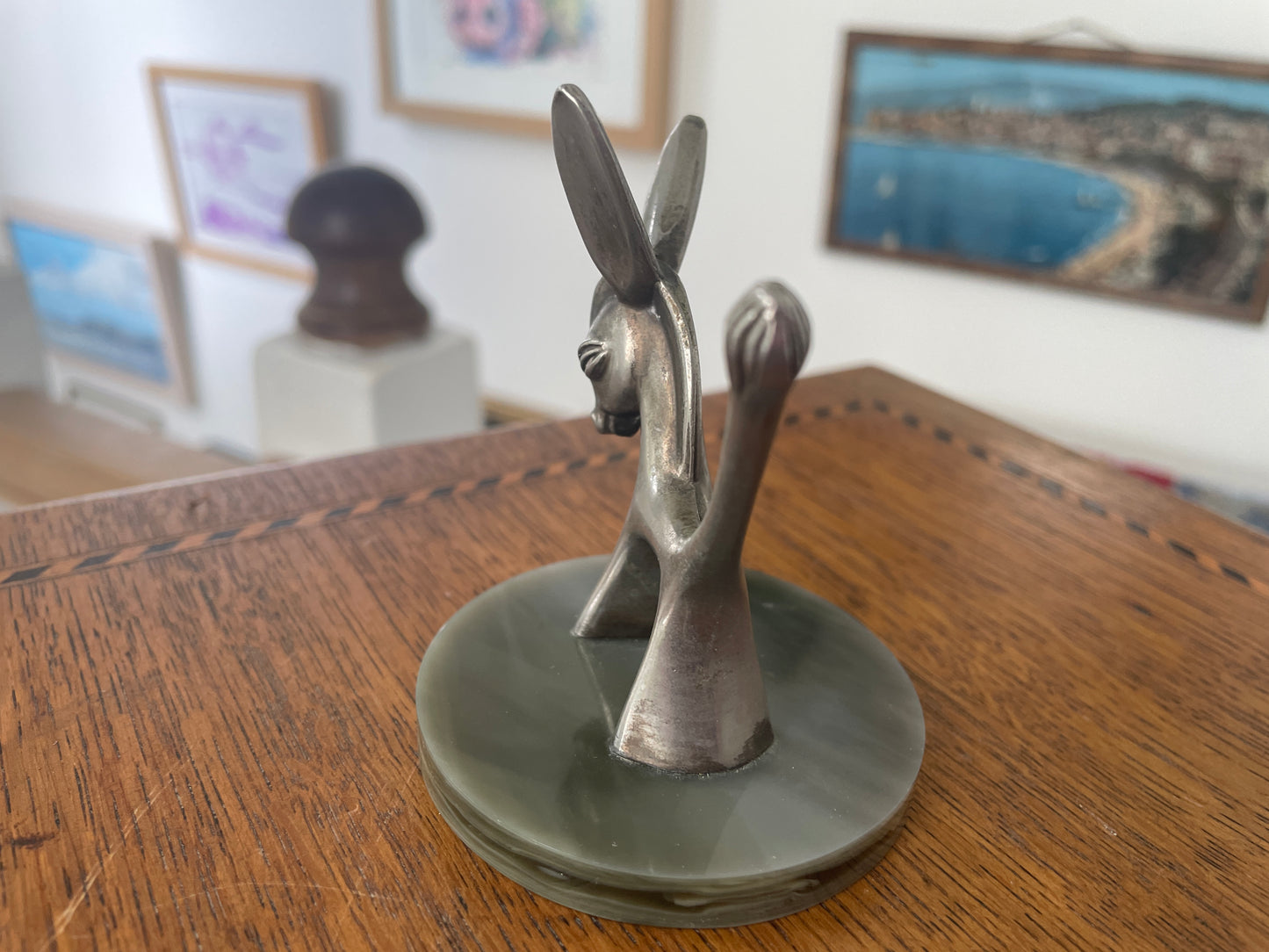 Vintage Seba Products Donkey Ring Holder – Silver Plated Jewellery Stand on Green Onyx Base, 1950s Mid Century Modern Gift
