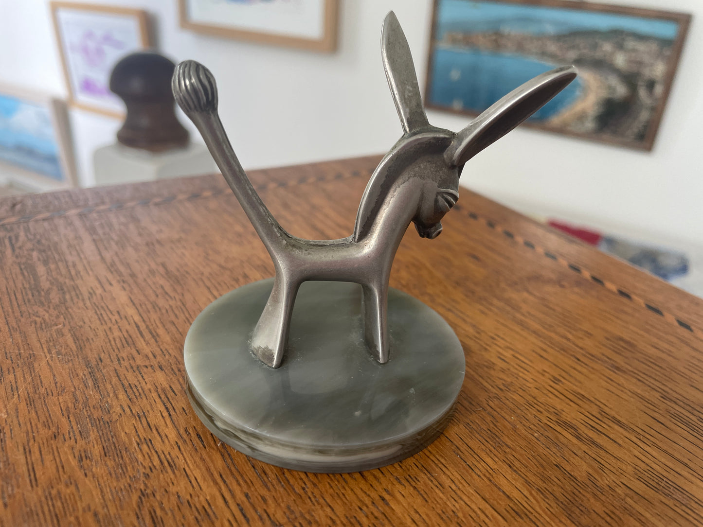 Vintage Seba Products Donkey Ring Holder – Silver Plated Jewellery Stand on Green Onyx Base, 1950s Mid Century Modern Gift