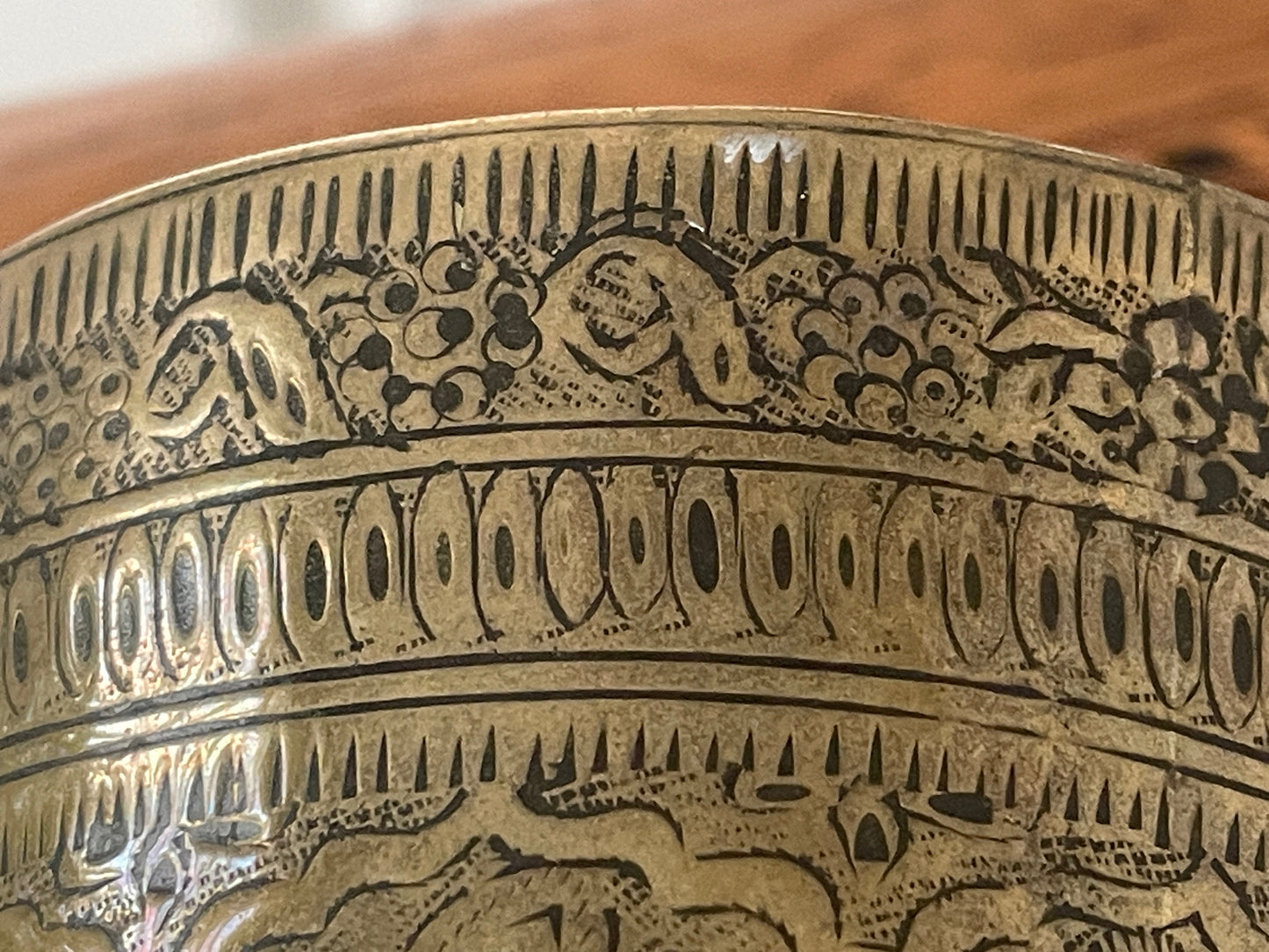 Vintage Hand-Etched Brass Beaker with Figural Panels – Indian / Asian Folk Art Vessel