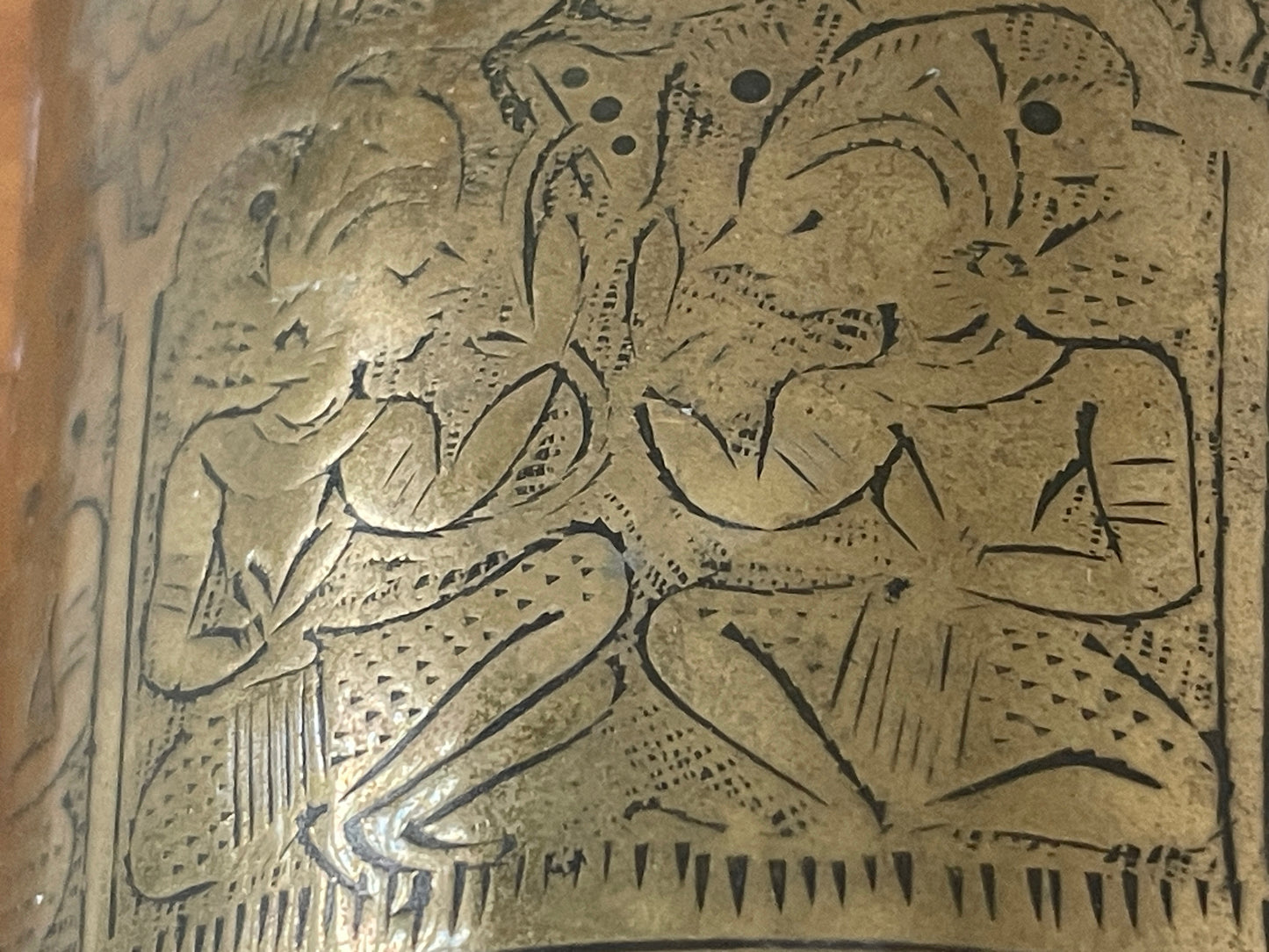 Vintage Hand-Etched Brass Beaker with Figural Panels – Indian / Asian Folk Art Vessel
