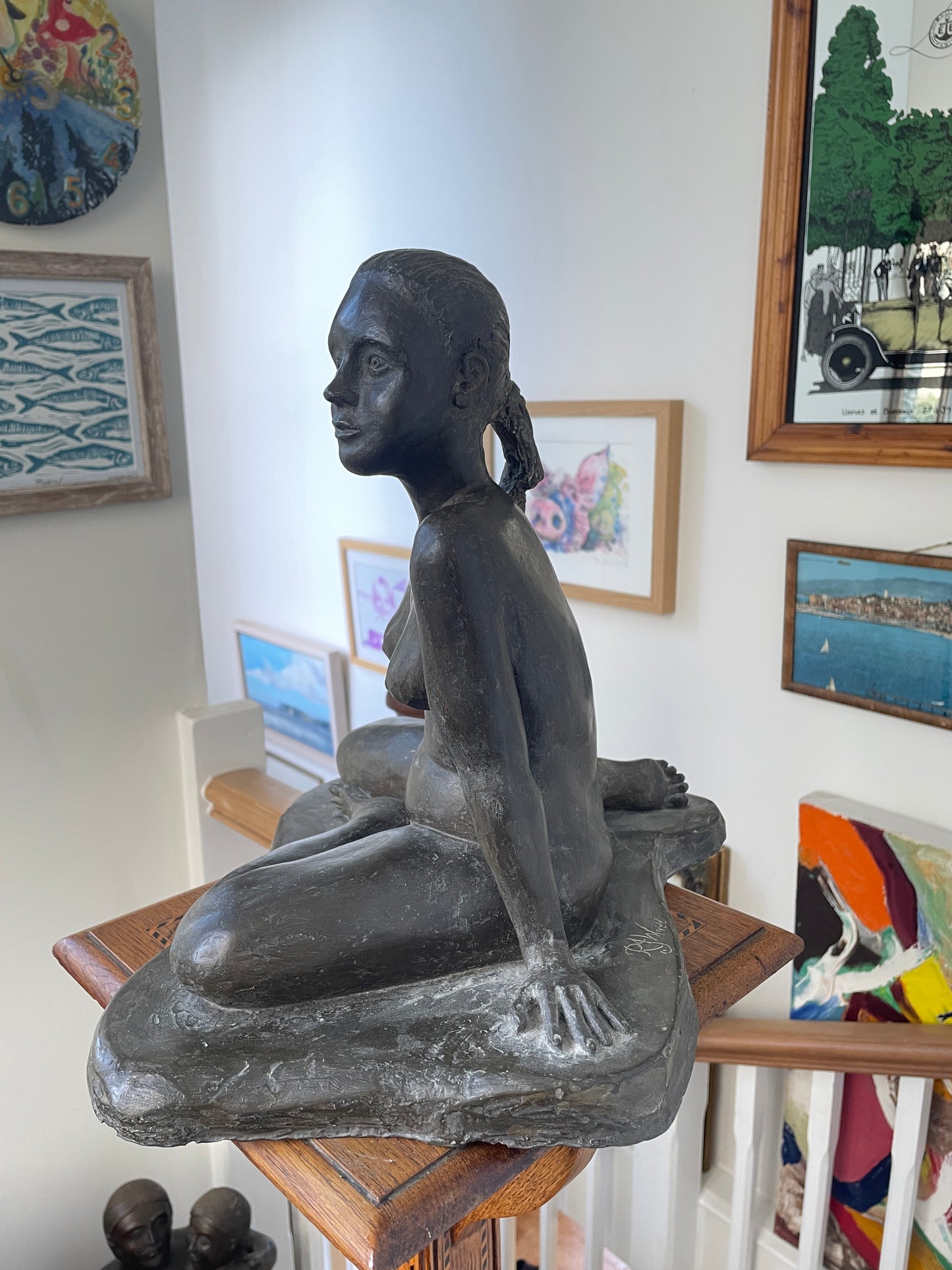 RJW 1988 Signed Seated Nude Figure – Bronze-Tone Fibreglass Sculpture, 33 cm