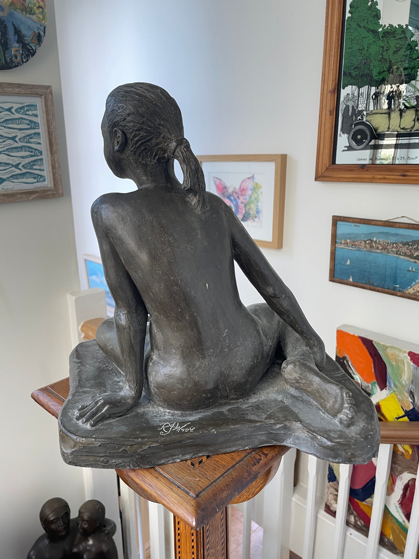 RJW 1988 Signed Seated Nude Figure – Bronze-Tone Fibreglass Sculpture, 33 cm