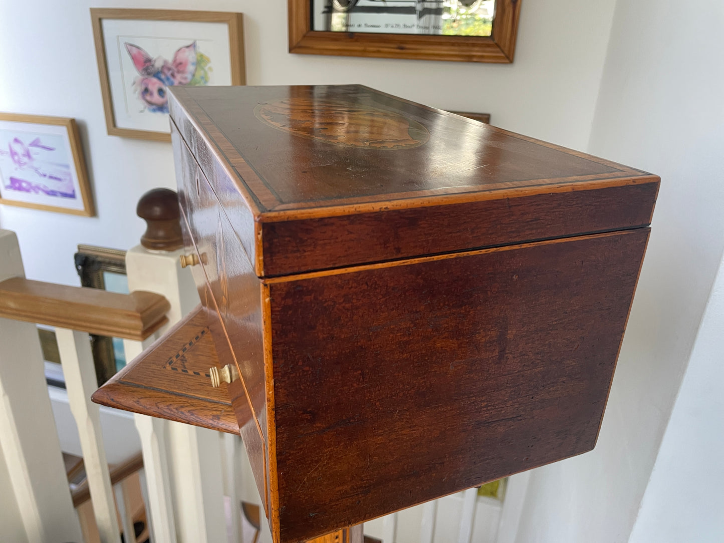Antique Georgian Mahogany Inlaid Shell Sewing Box with Drawer & Key – 19th Century English Writing Box, Satinwood Stringing 40x20x18cm