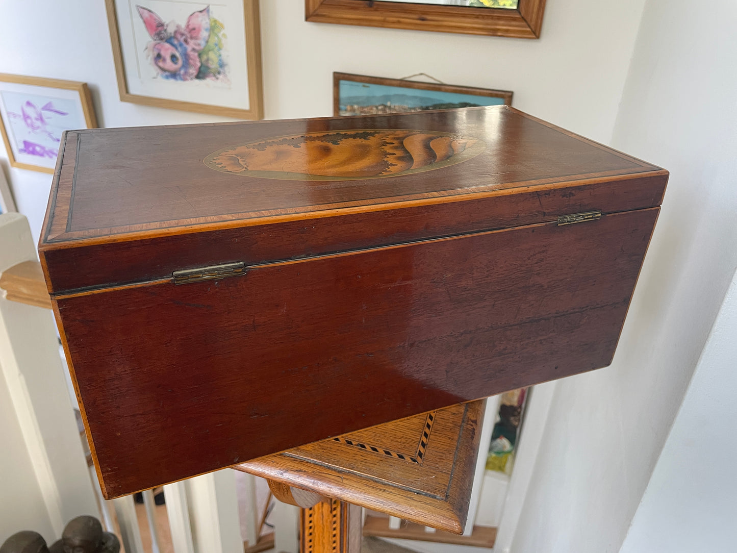 Antique Georgian Mahogany Inlaid Shell Sewing Box with Drawer & Key – 19th Century English Writing Box, Satinwood Stringing 40x20x18cm
