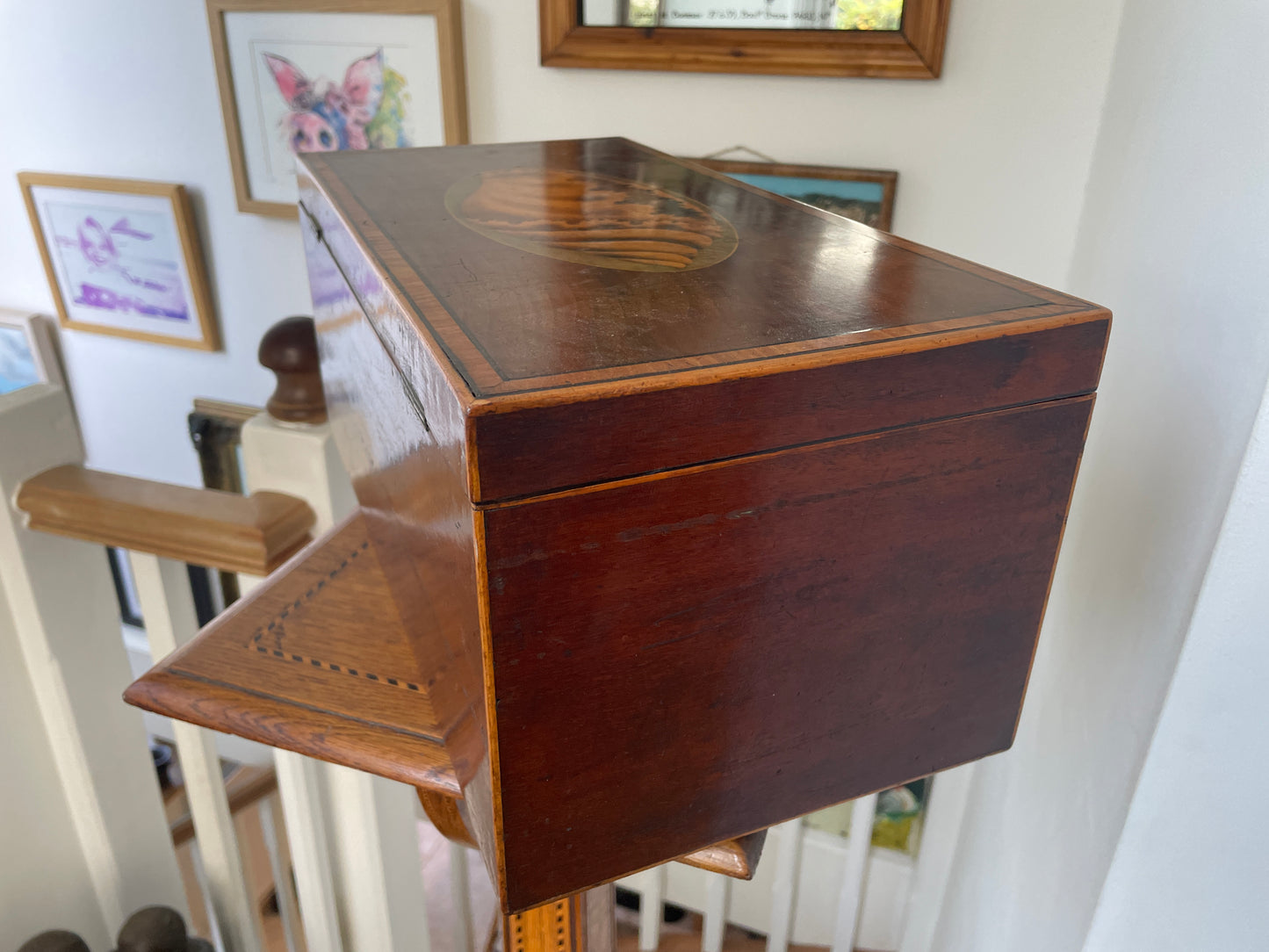 Antique Georgian Mahogany Inlaid Shell Sewing Box with Drawer & Key – 19th Century English Writing Box, Satinwood Stringing 40x20x18cm