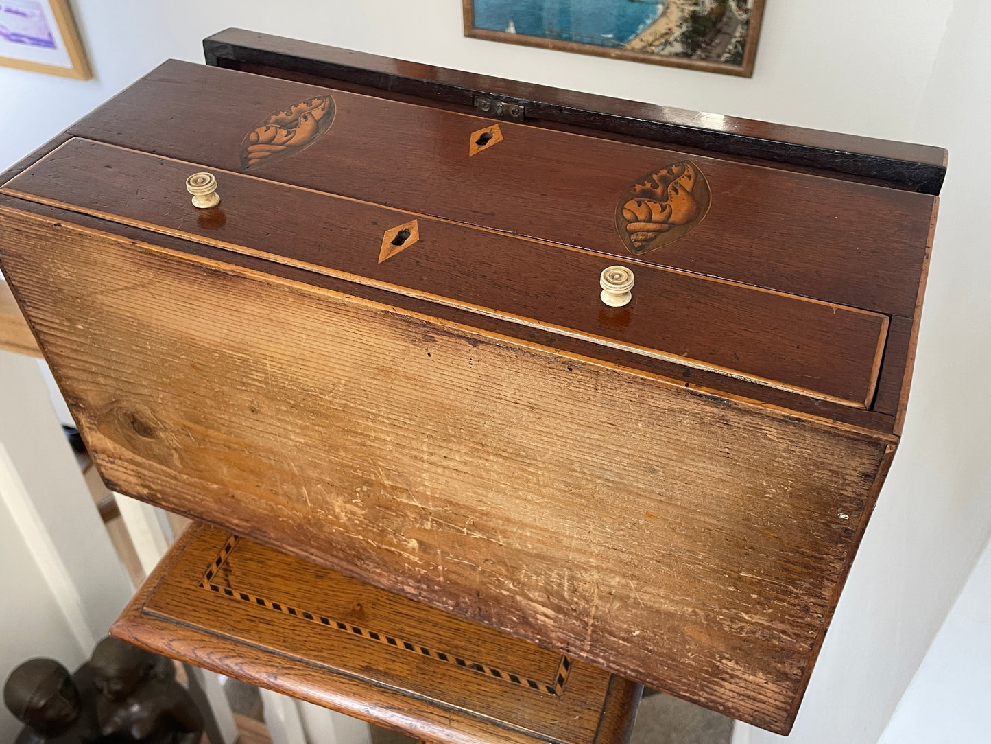 Antique Georgian Mahogany Inlaid Shell Sewing Box with Drawer & Key – 19th Century English Writing Box, Satinwood Stringing 40x20x18cm