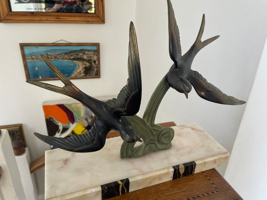 French Art Deco Swallows Sculpture on Marble Base – 1930s Spelter Birds in Flight, Signed Style Decorative Statue, 35cm Wide 32cm Tall