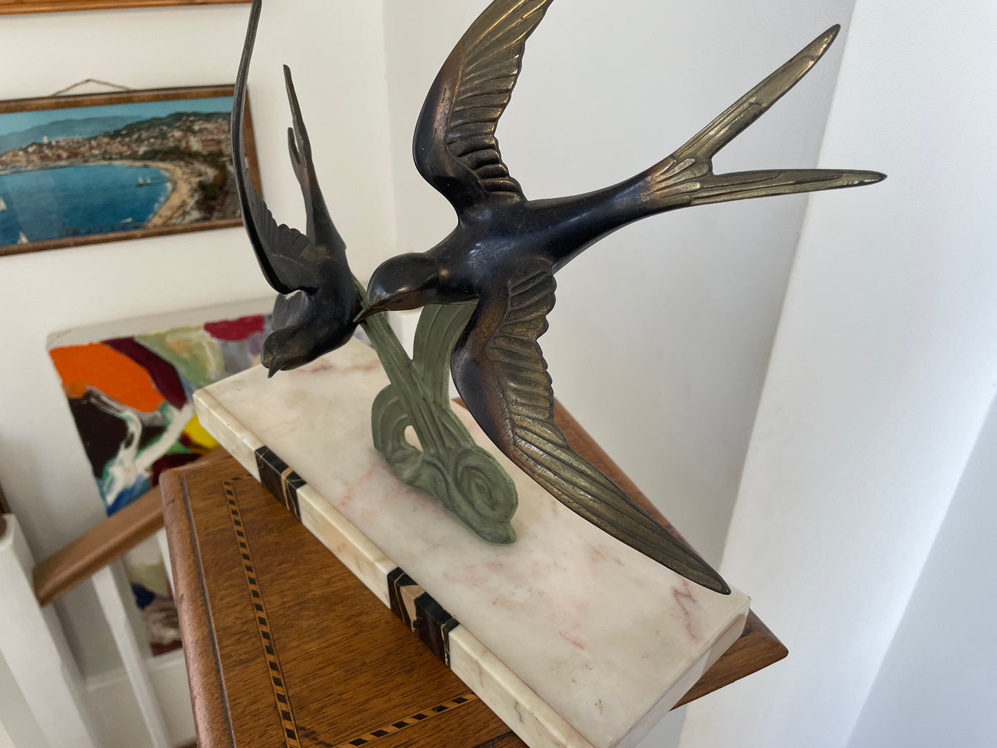 French Art Deco Swallows Sculpture on Marble Base – 1930s Spelter Birds in Flight, Signed Style Decorative Statue, 35cm Wide 32cm Tall