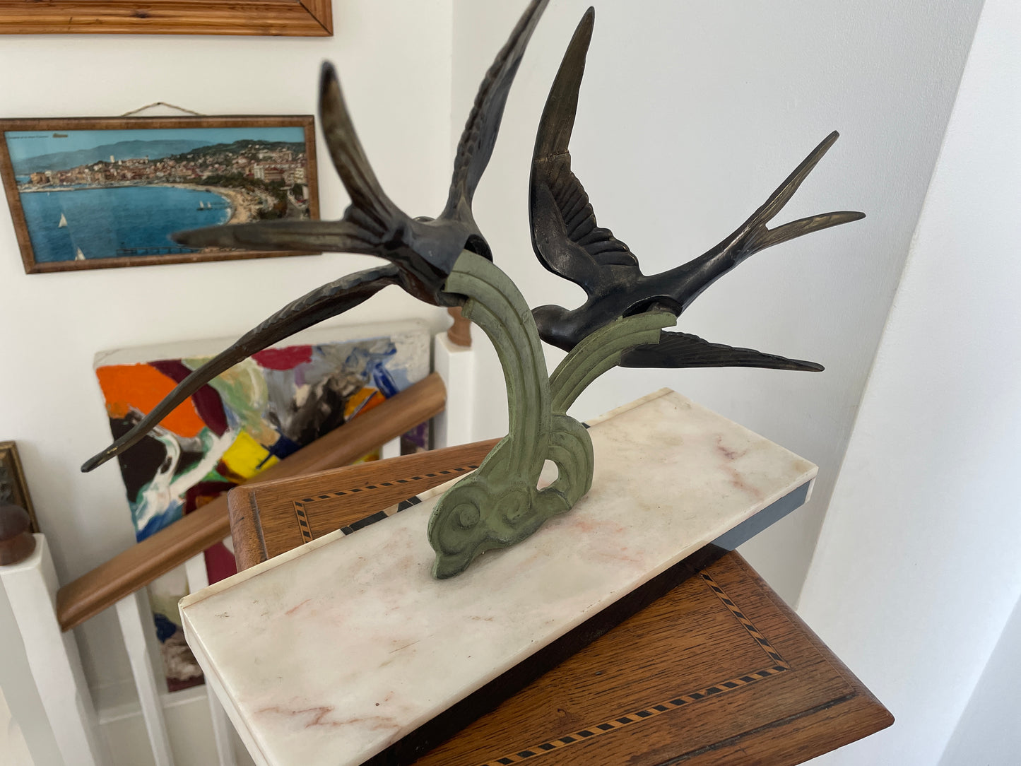 French Art Deco Swallows Sculpture on Marble Base – 1930s Spelter Birds in Flight, Signed Style Decorative Statue, 35cm Wide 32cm Tall