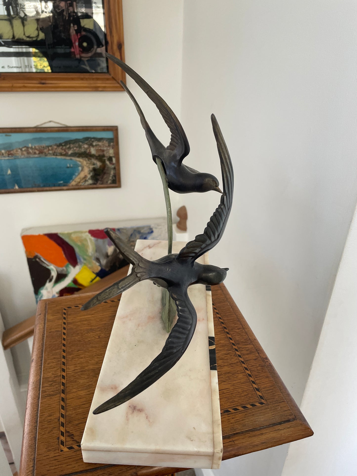 French Art Deco Swallows Sculpture on Marble Base – 1930s Spelter Birds in Flight, Signed Style Decorative Statue, 35cm Wide 32cm Tall