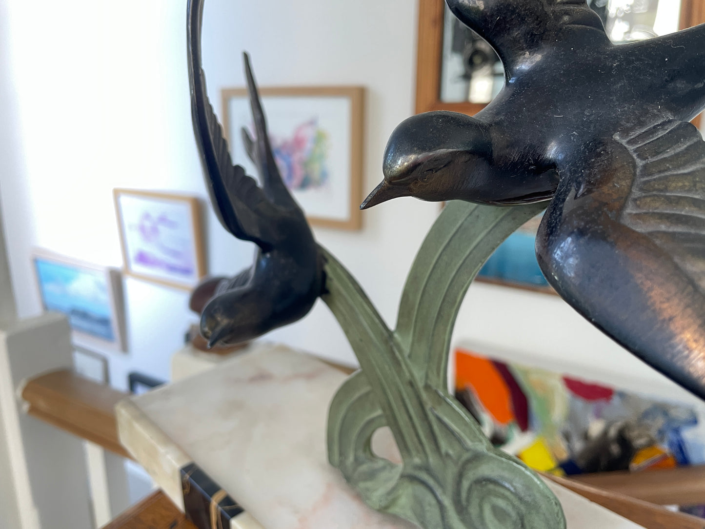 French Art Deco Swallows Sculpture on Marble Base – 1930s Spelter Birds in Flight, Signed Style Decorative Statue, 35cm Wide 32cm Tall