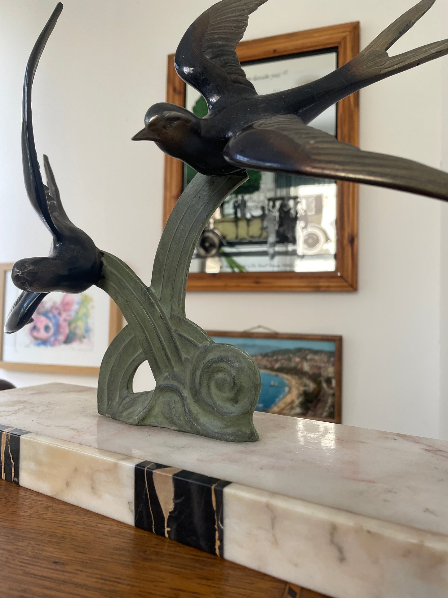 French Art Deco Swallows Sculpture on Marble Base – 1930s Spelter Birds in Flight, Signed Style Decorative Statue, 35cm Wide 32cm Tall
