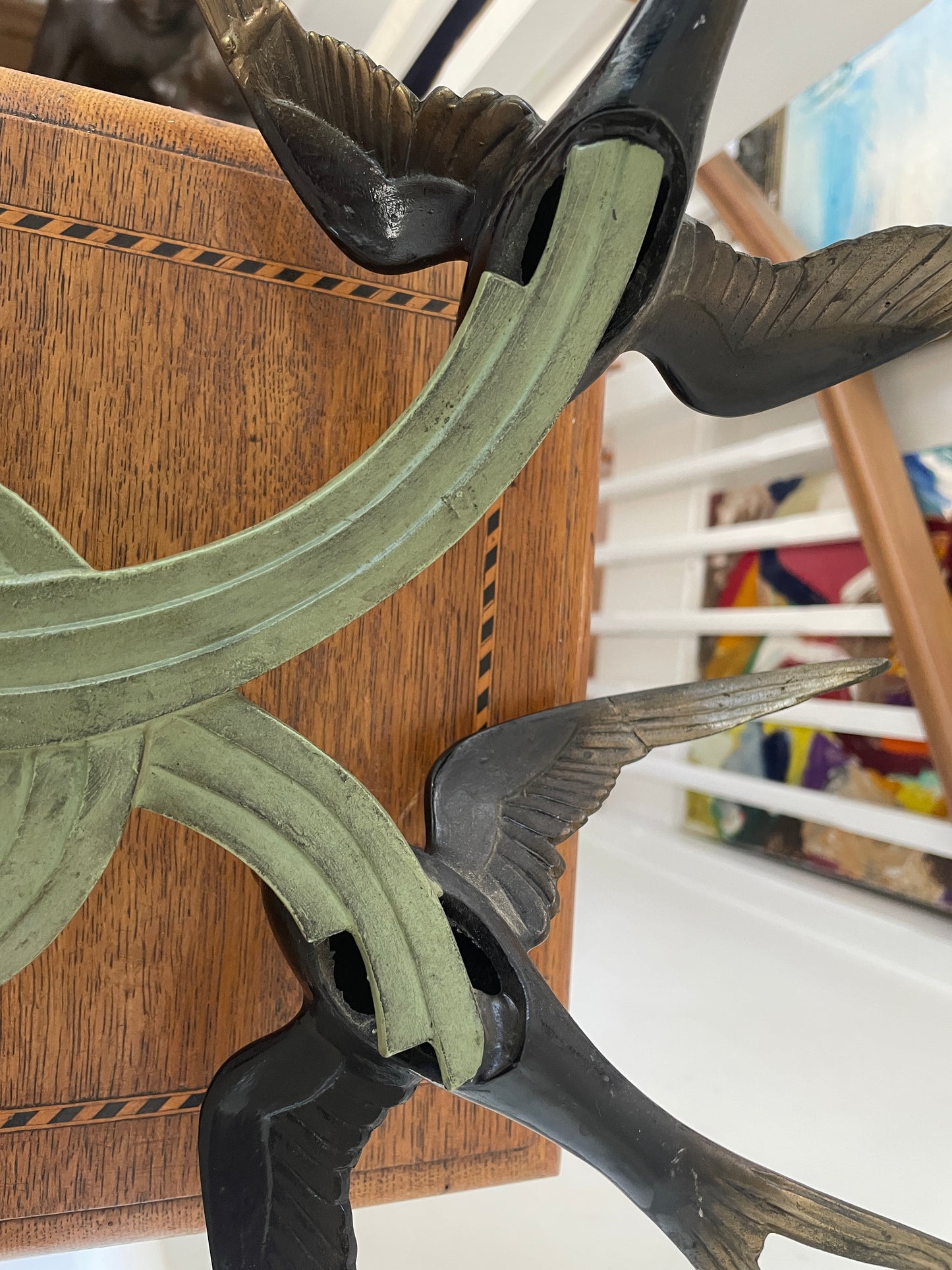 French Art Deco Swallows Sculpture on Marble Base – 1930s Spelter Birds in Flight, Signed Style Decorative Statue, 35cm Wide 32cm Tall