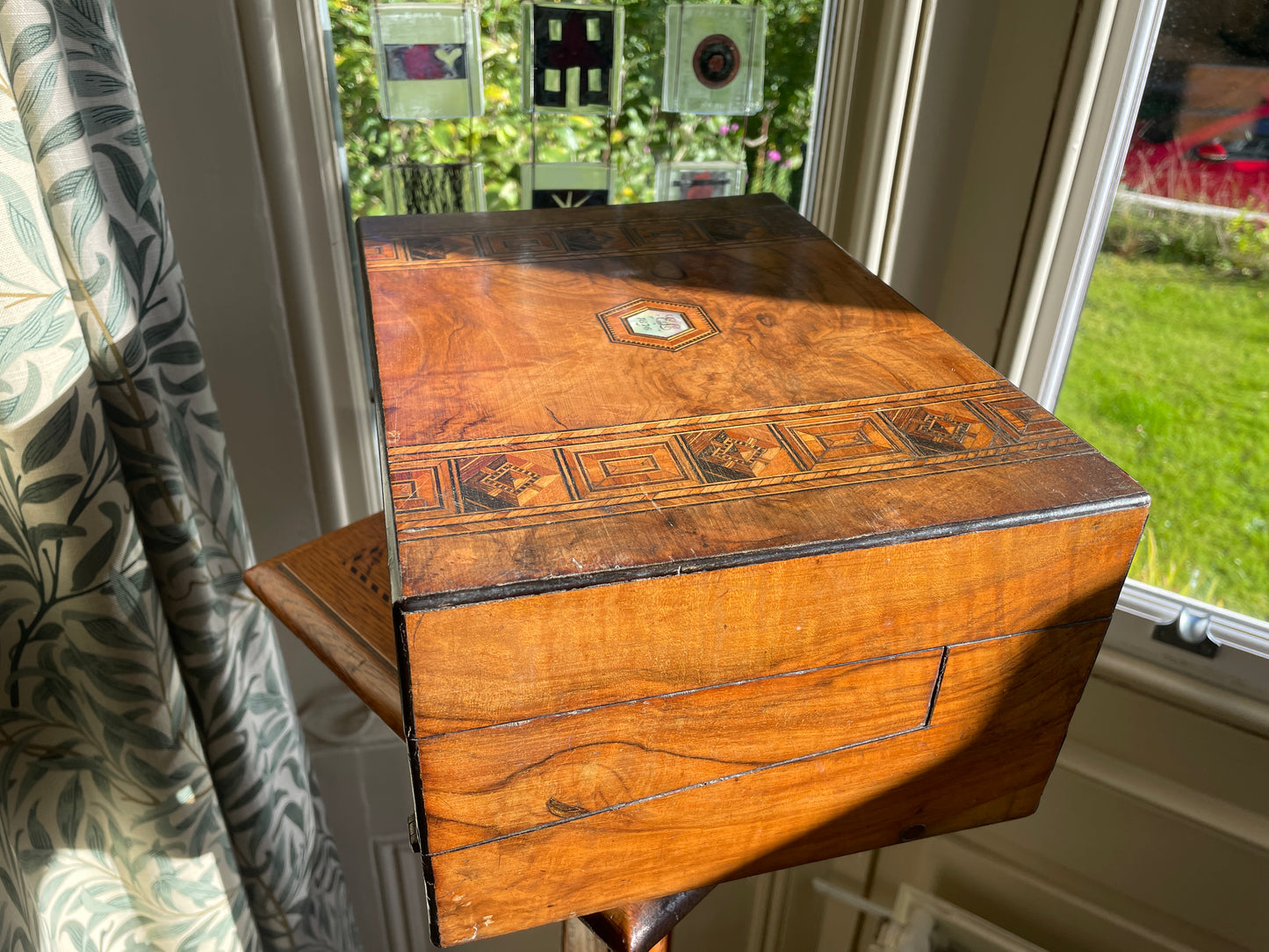 Victorian Walnut and Parquetry Inlaid Sewing & Writing Box, Dated 1876 – Antique Walnut Work Box with Mother of Pearl Cartouche