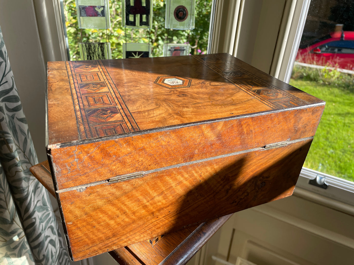 Victorian Walnut and Parquetry Inlaid Sewing & Writing Box, Dated 1876 – Antique Walnut Work Box with Mother of Pearl Cartouche