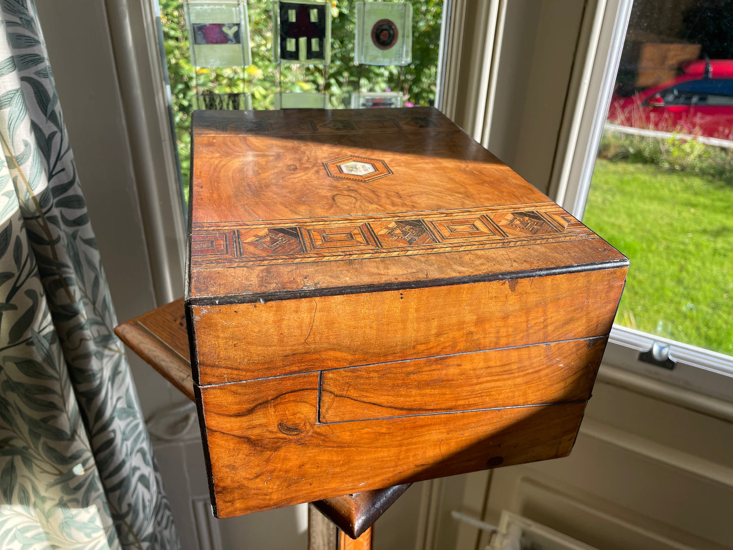 Victorian Walnut and Parquetry Inlaid Sewing & Writing Box, Dated 1876 – Antique Walnut Work Box with Mother of Pearl Cartouche