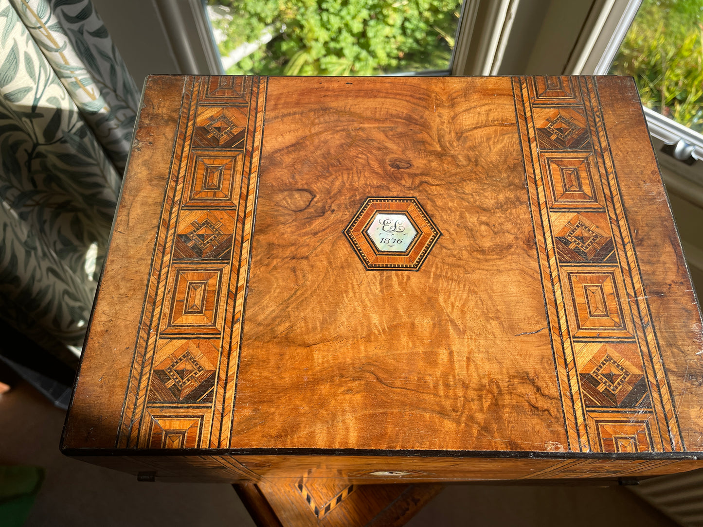Victorian Walnut and Parquetry Inlaid Sewing & Writing Box, Dated 1876 – Antique Walnut Work Box with Mother of Pearl Cartouche