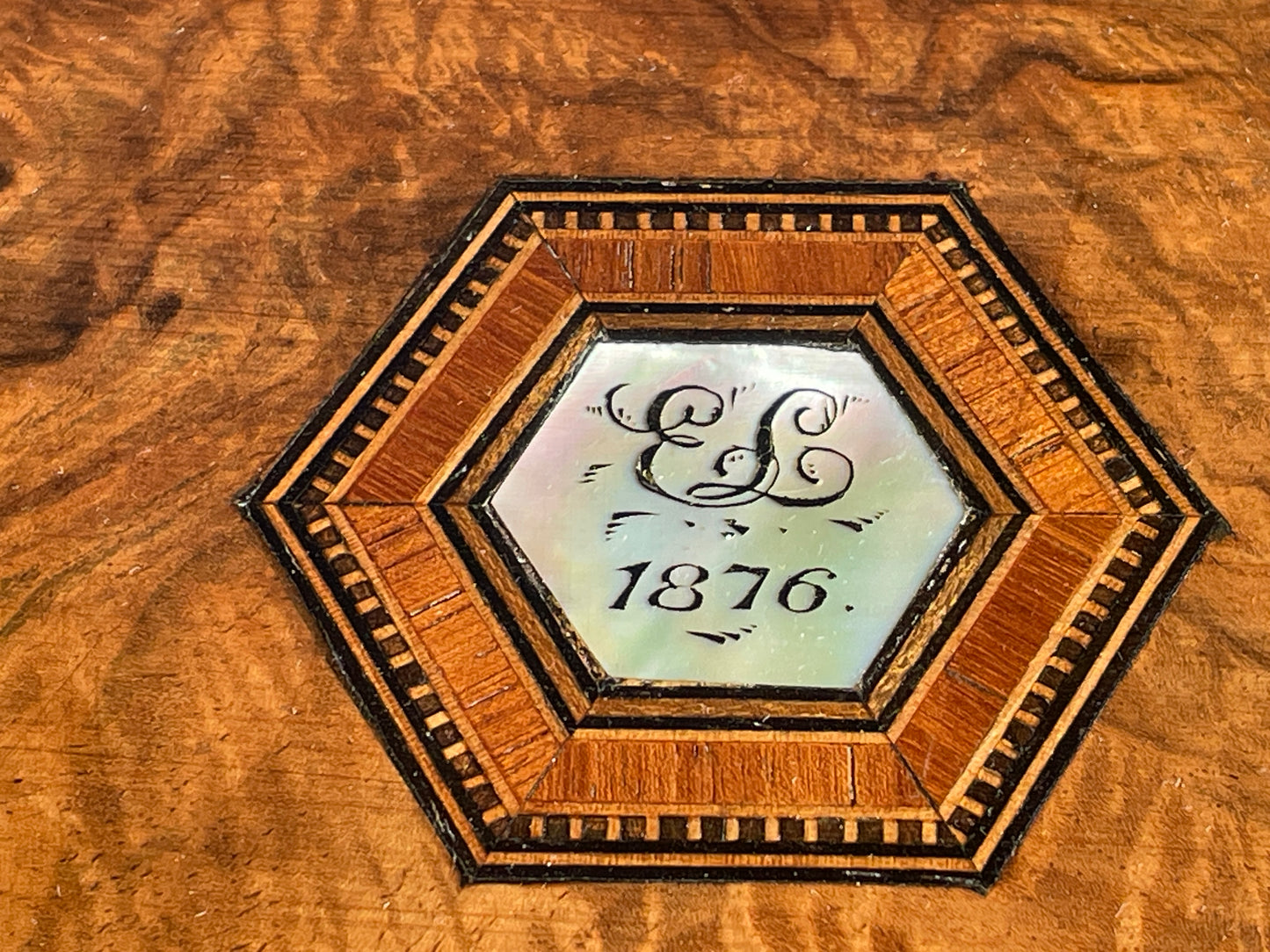 Victorian Walnut and Parquetry Inlaid Sewing & Writing Box, Dated 1876 – Antique Walnut Work Box with Mother of Pearl Cartouche